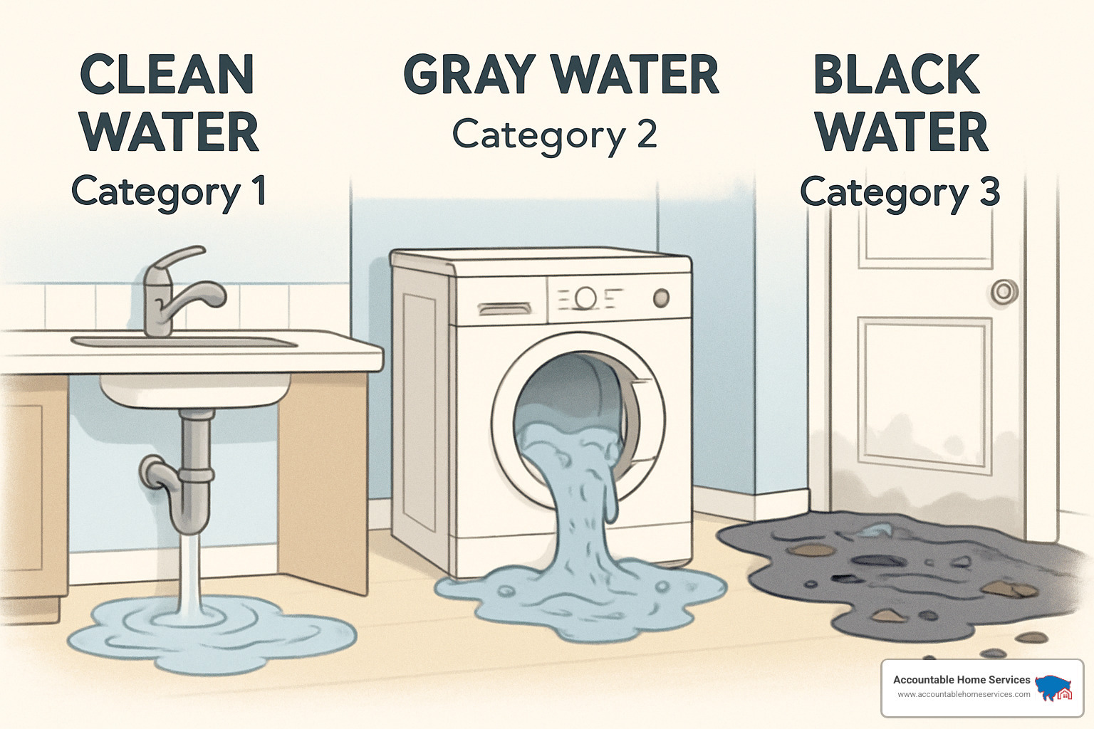 Different categories of water damage showing clean, gray, and black water - Water damage restoration tips