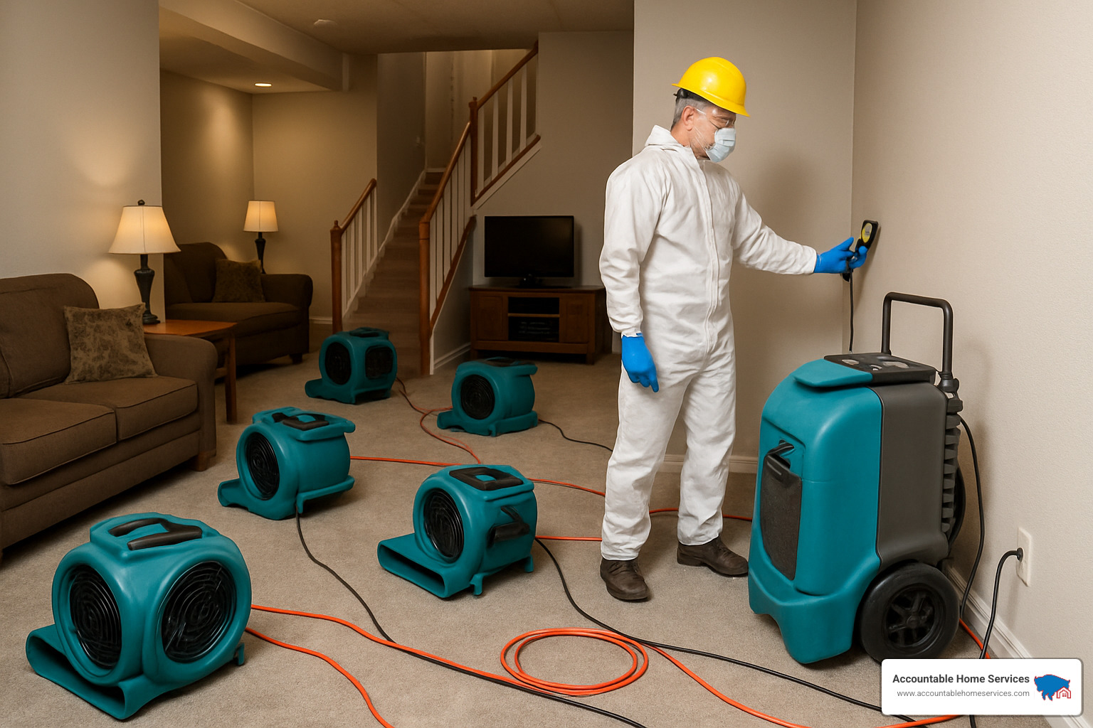 Professional water damage drying equipment in a residential setting - Water damage restoration tips