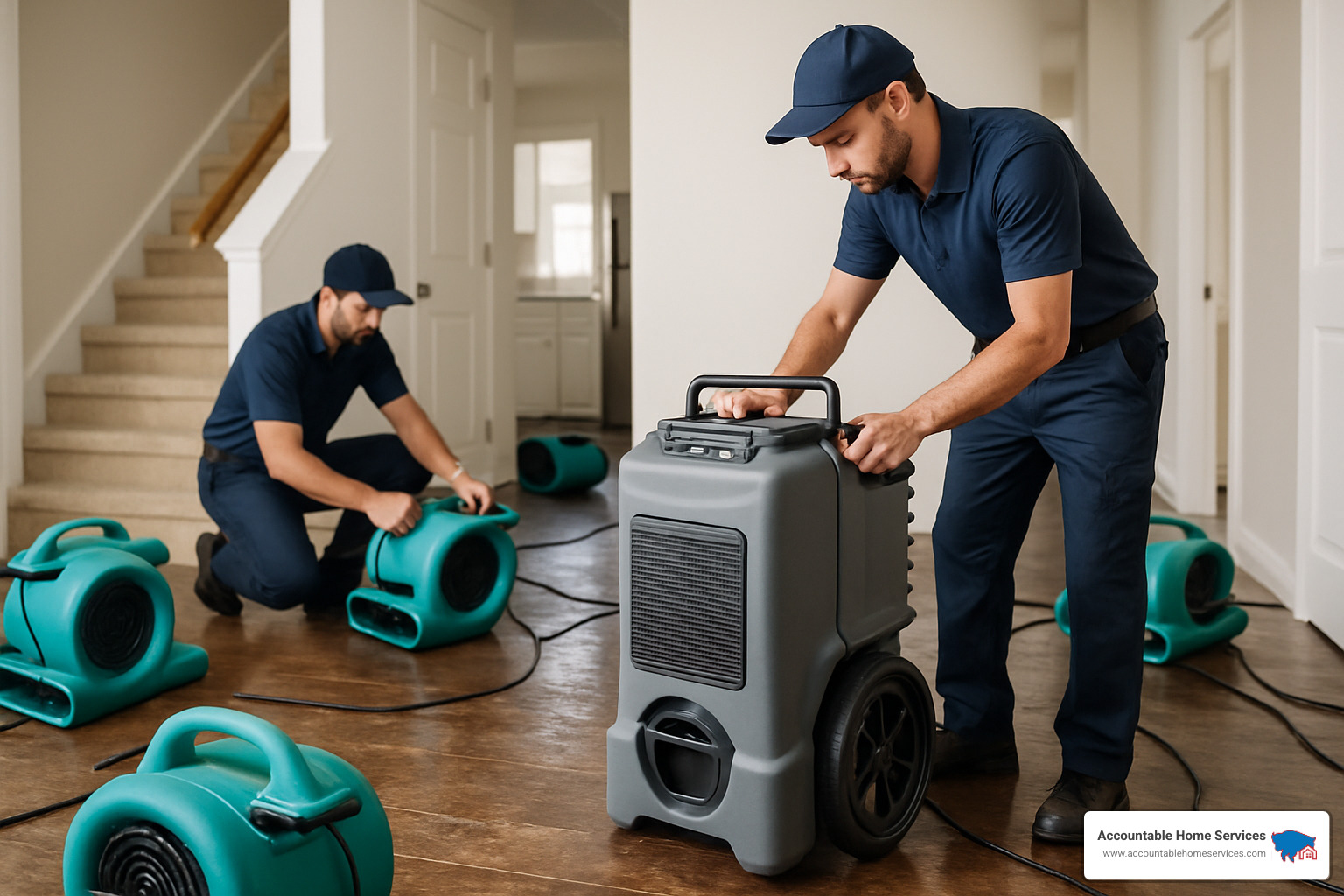 Water damage restoration in progress showing drying equipment - Water damage restoration tips