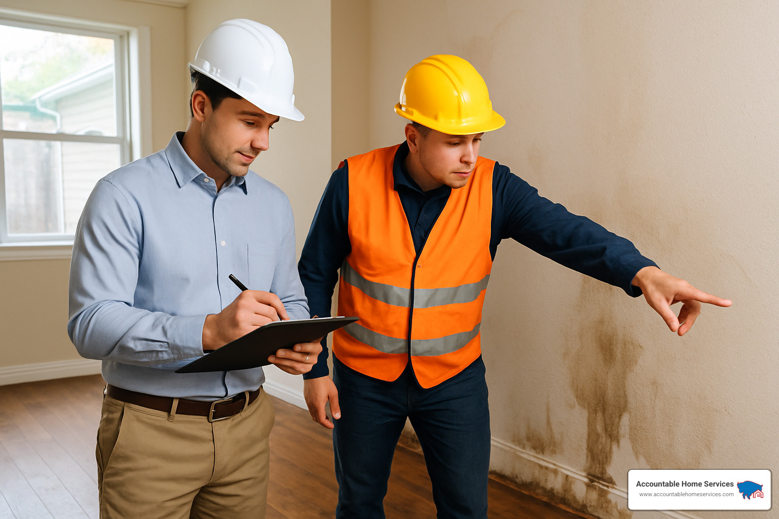 Insurance adjuster inspecting water damage with restoration professional - Water damage restoration tips