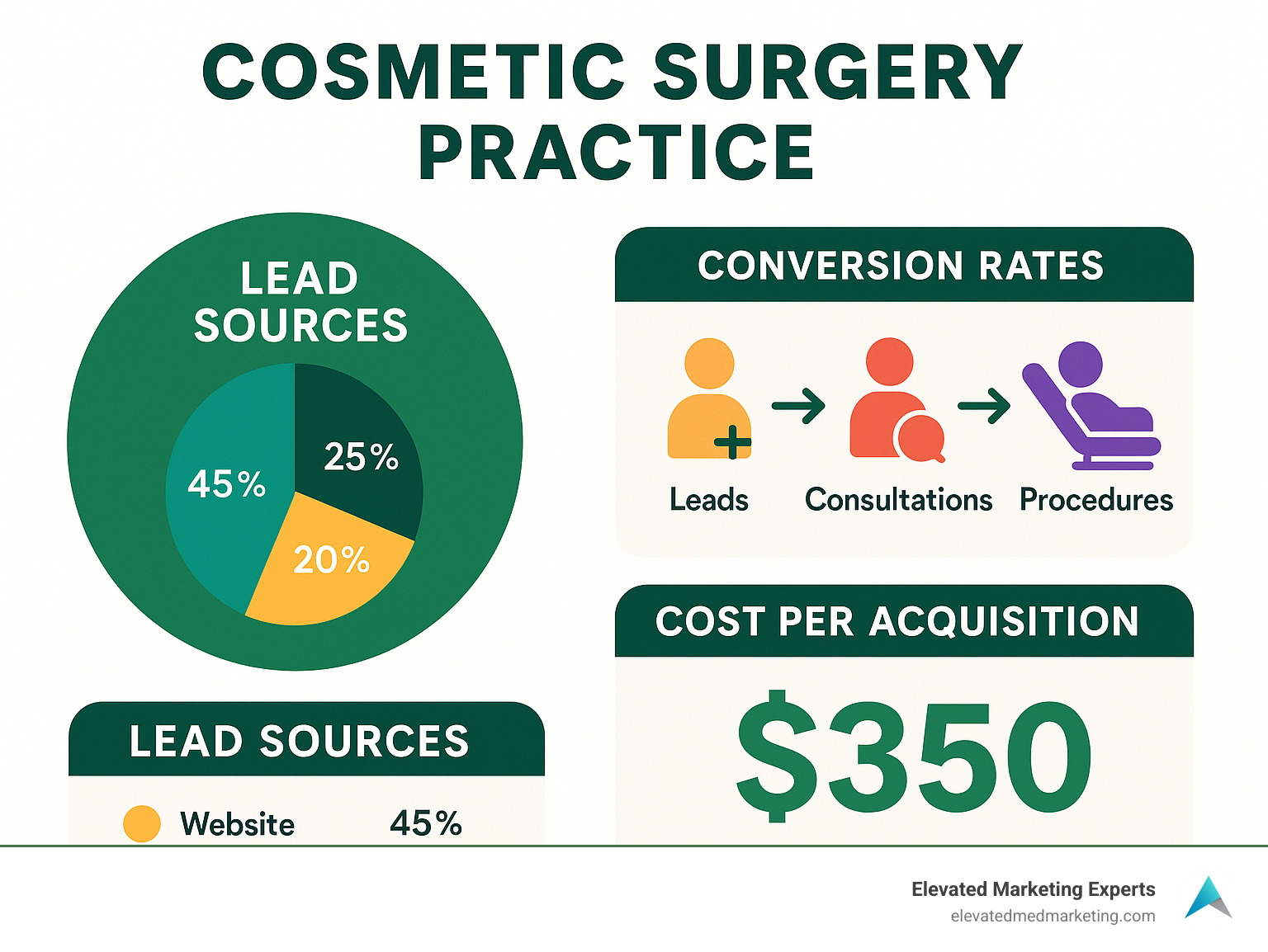 Marketing ROI dashboard for cosmetic surgery practice showing lead sources, conversion rates and cost per acquisition - Cosmetic Surgery Digital Strategy infographic 