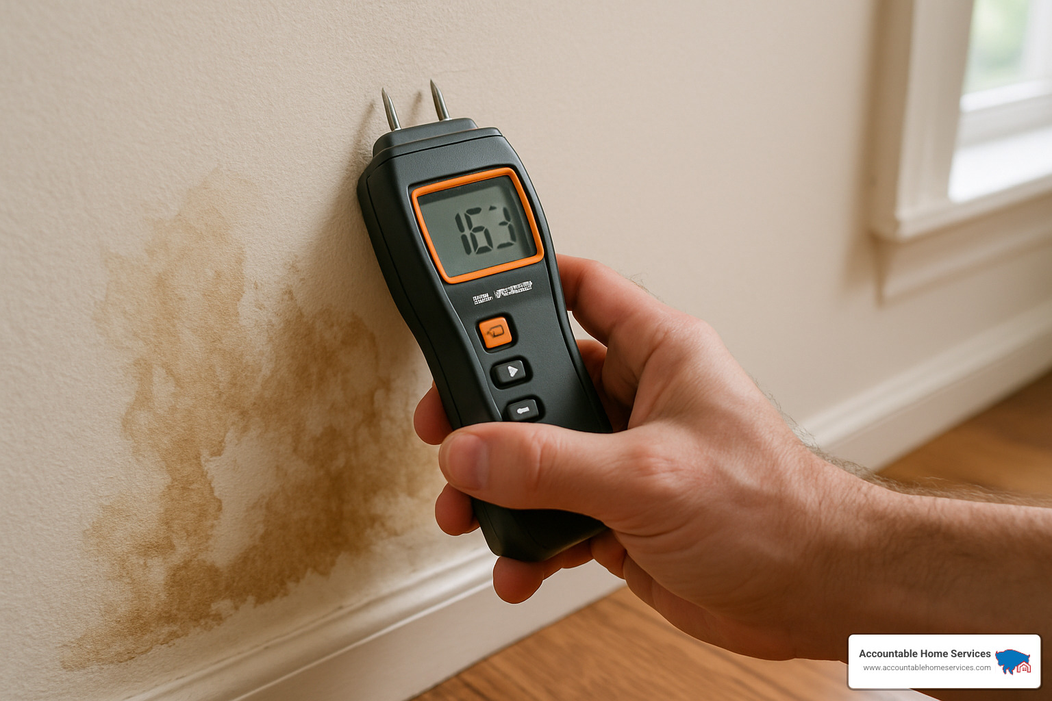 Moisture meter reading on water-damaged wall - Water damage mold prevention