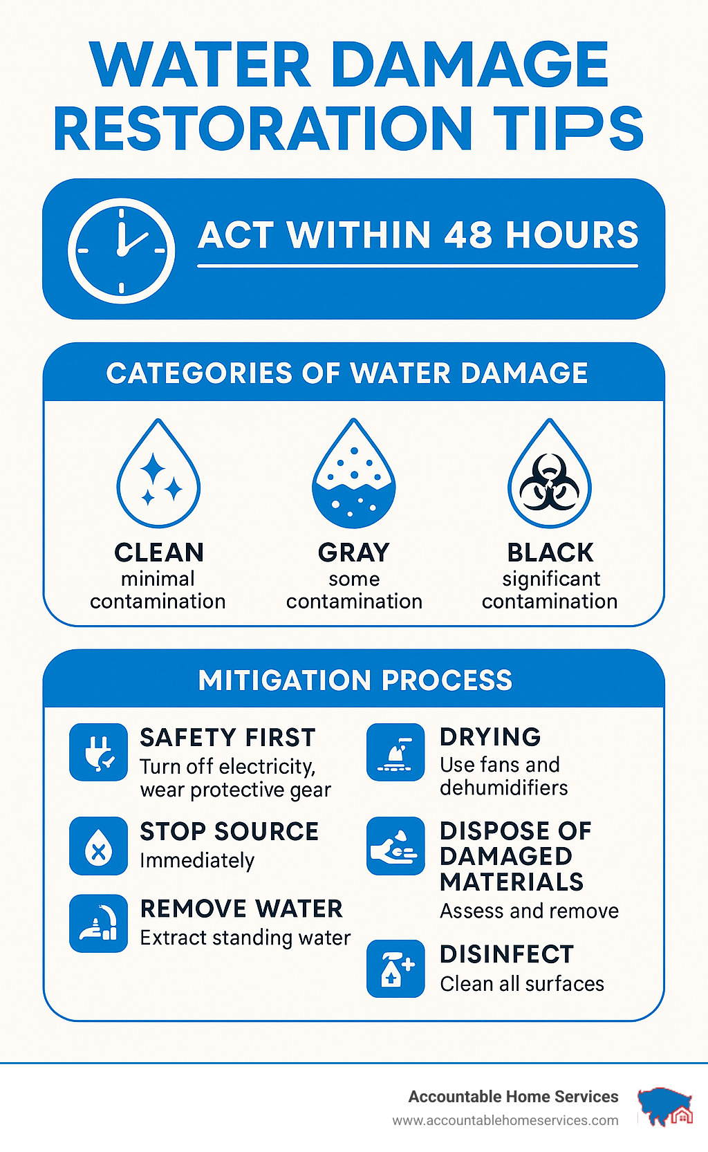 Water damage restoration timeline showing critical 48-hour window for action, categories of water damage, and step-by-step mitigation process - Water damage restoration tips infographic 