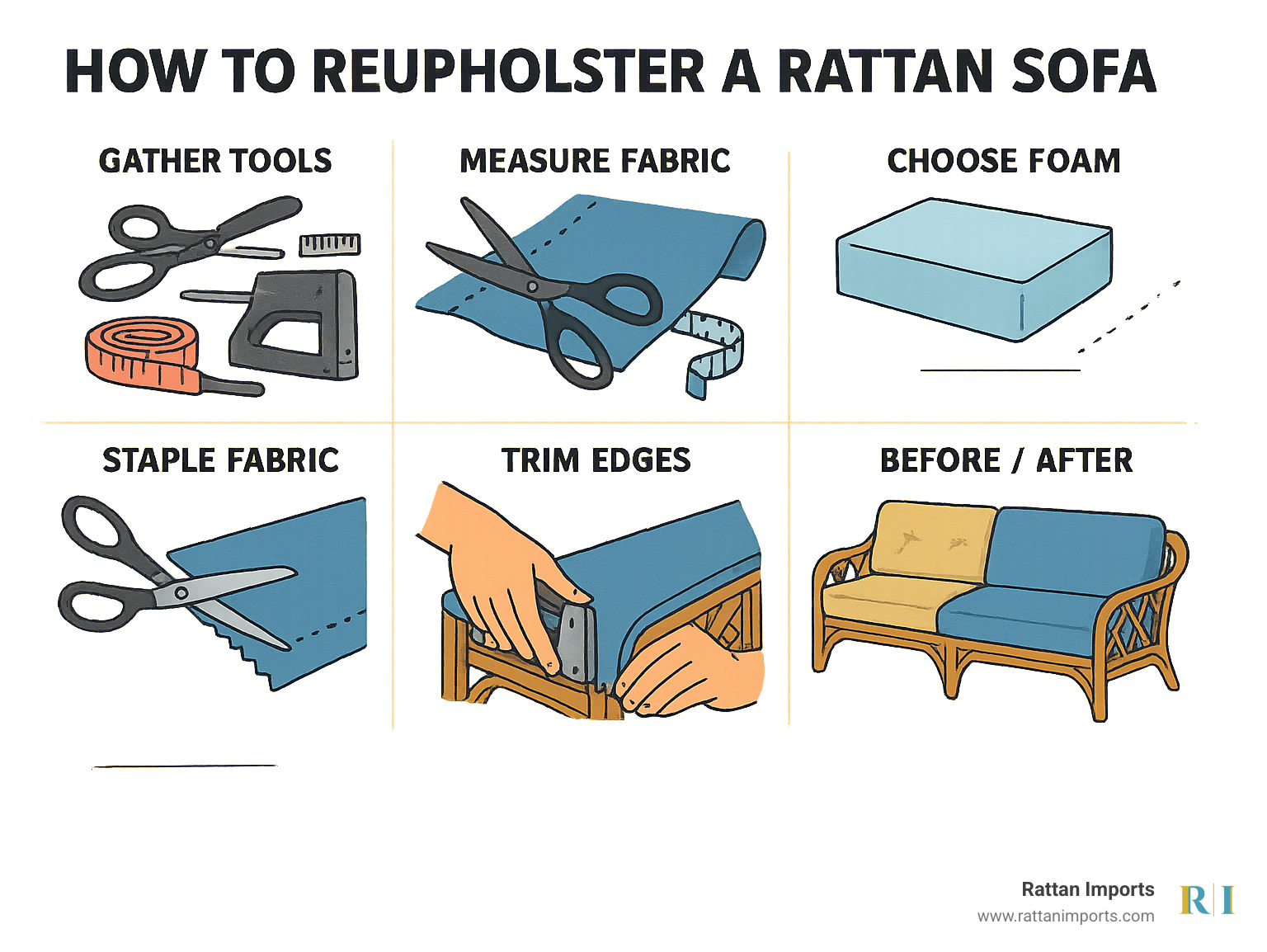 Step-by-step guide showing the complete process of reupholstering a rattan sofa, including tools needed, fabric measurement, foam selection, stapling technique, and finished product with before/after comparison - how to reupholster rattan sofa infographic 