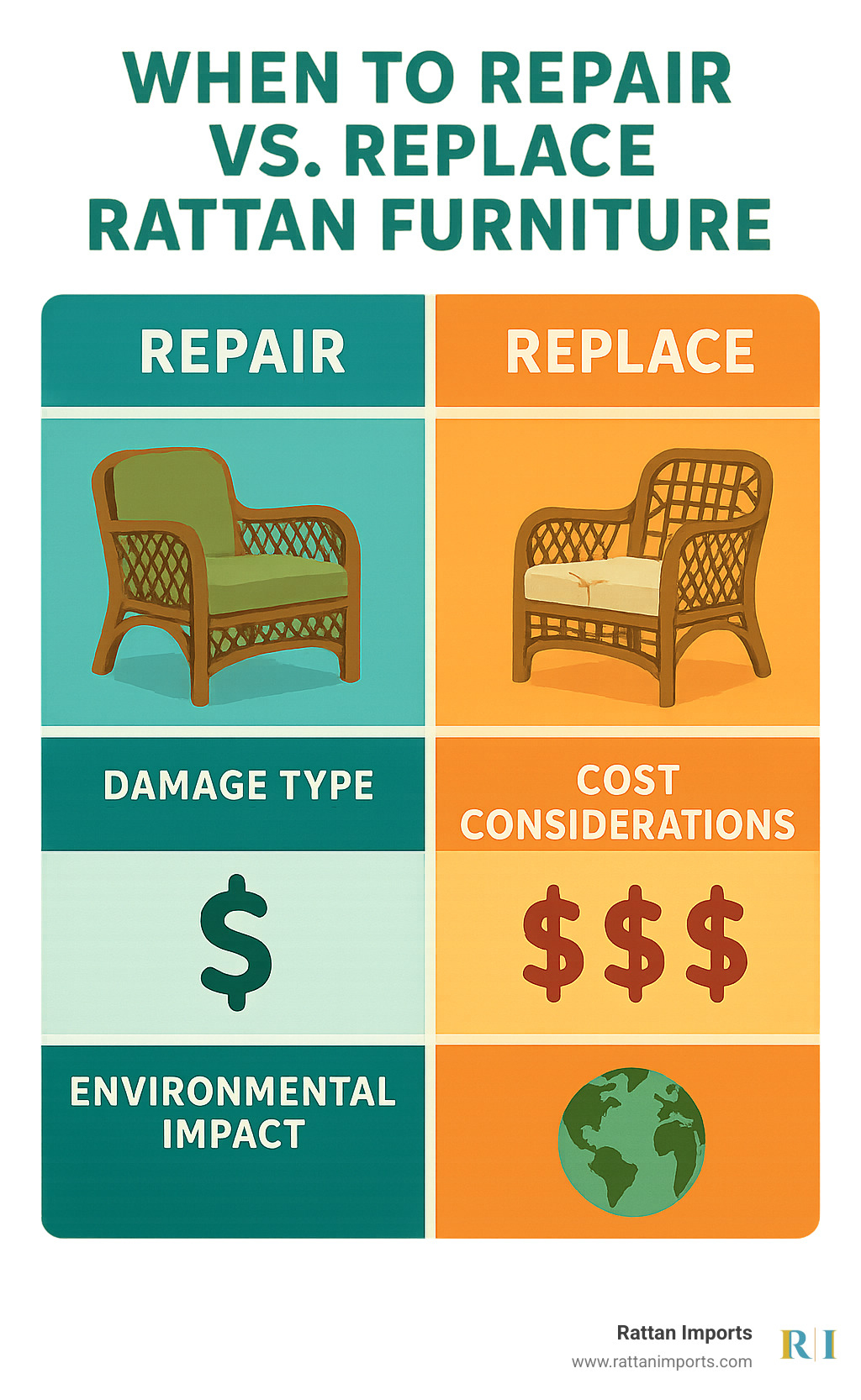 Comparison chart showing when to repair vs. replace rattan furniture based on damage type, cost considerations, and environmental impact - how to reupholster rattan sofa infographic 