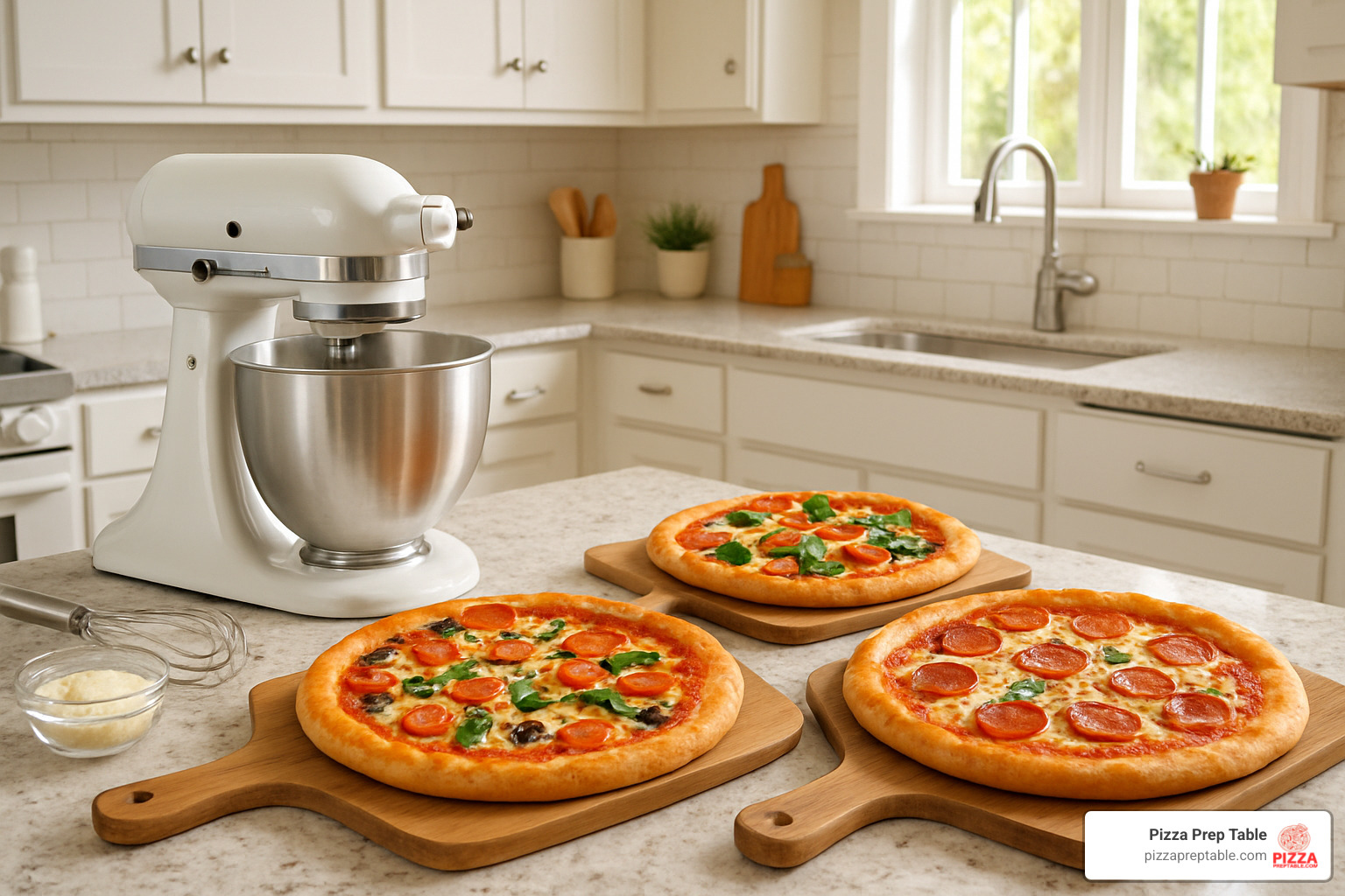Finished pizzas next to stand mixer showing successful results - best stand mixer for pizza dough