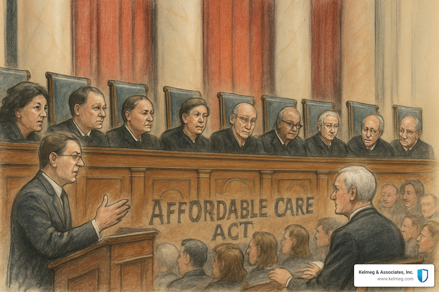 Courtroom sketch of ACA legal battles - Affordable Care Act Covid