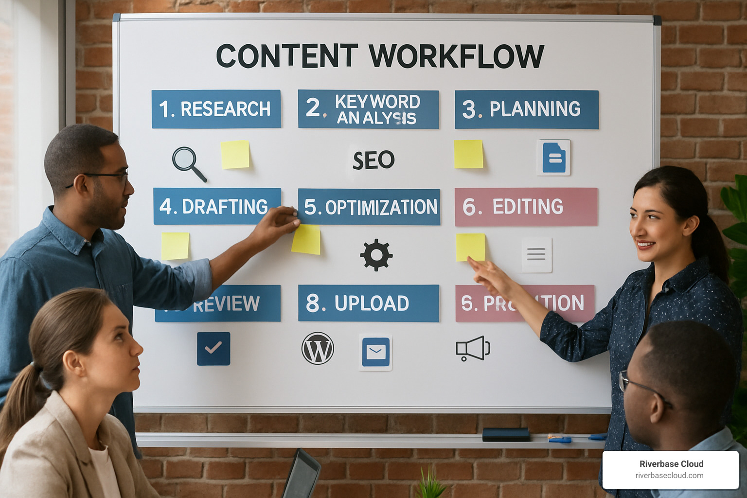 Content workflow board showing the 9-step SEO content creation process - SEO content creation
