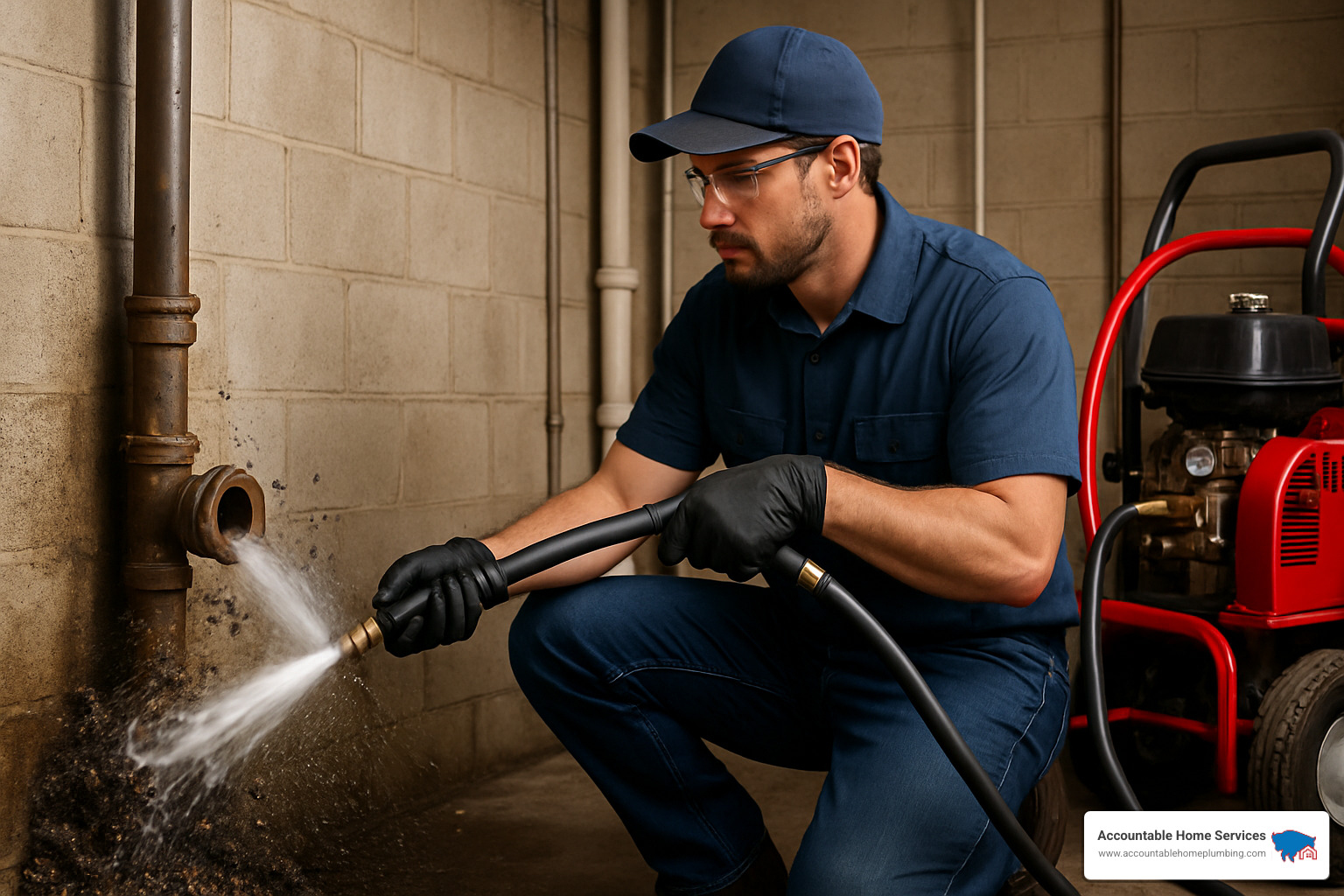 Hydro jetting equipment in action clearing a severely clogged drain - clogged drain cleaning service