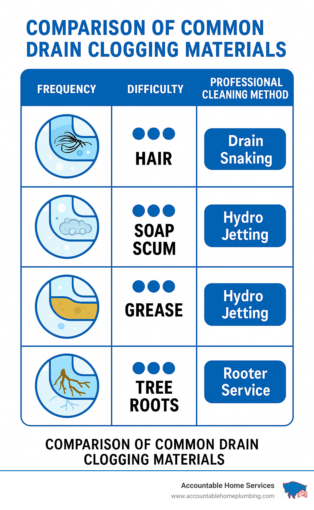 Comparison of common drain clogging materials showing hair, soap scum, grease, and tree roots with their relative frequency and difficulty to remove, alongside professional cleaning methods recommended for each type - clogged drain cleaning service infographic 