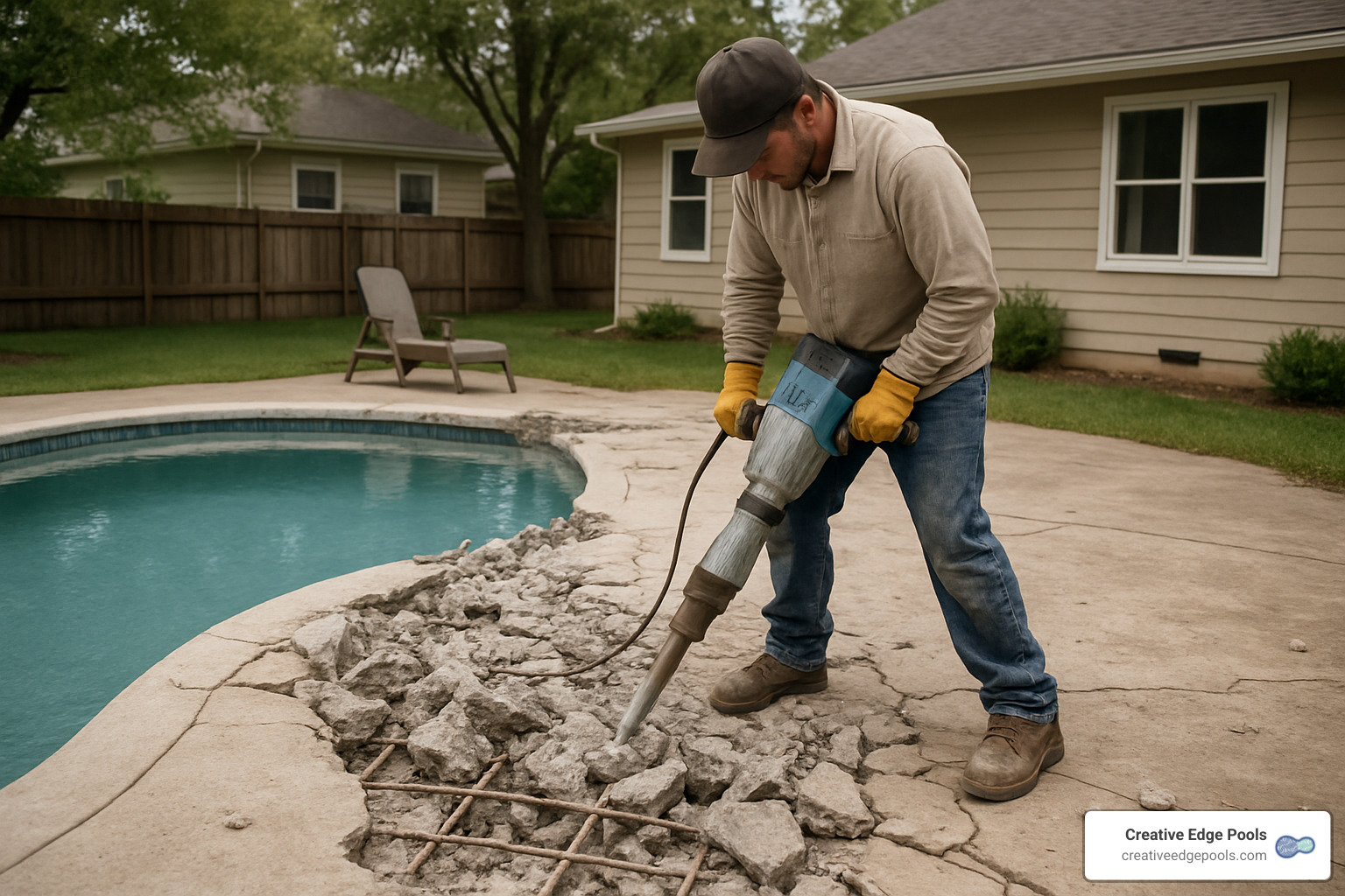 Jackhammer demolition of concrete pool deck showing reinforcement exposure - cost to remove and replace concrete pool deck