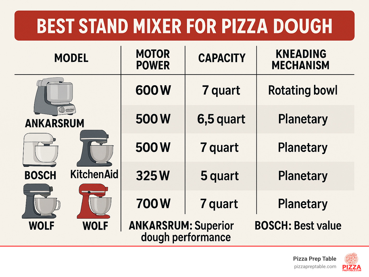 Comparison of stand mixer features for pizza dough showing motor power, capacity, and kneading mechanism across 5 top models, with Ankarsrum leading in dough performance and Bosch offering best value - best stand mixer for pizza dough infographic 