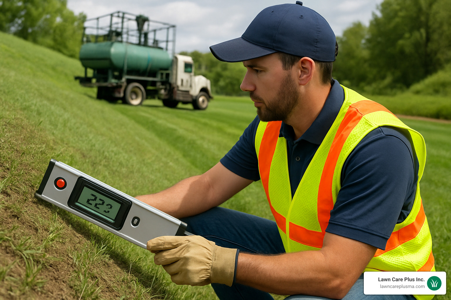 technician measuring slope angle for hydroseeding - hydroseeding cost per square foot