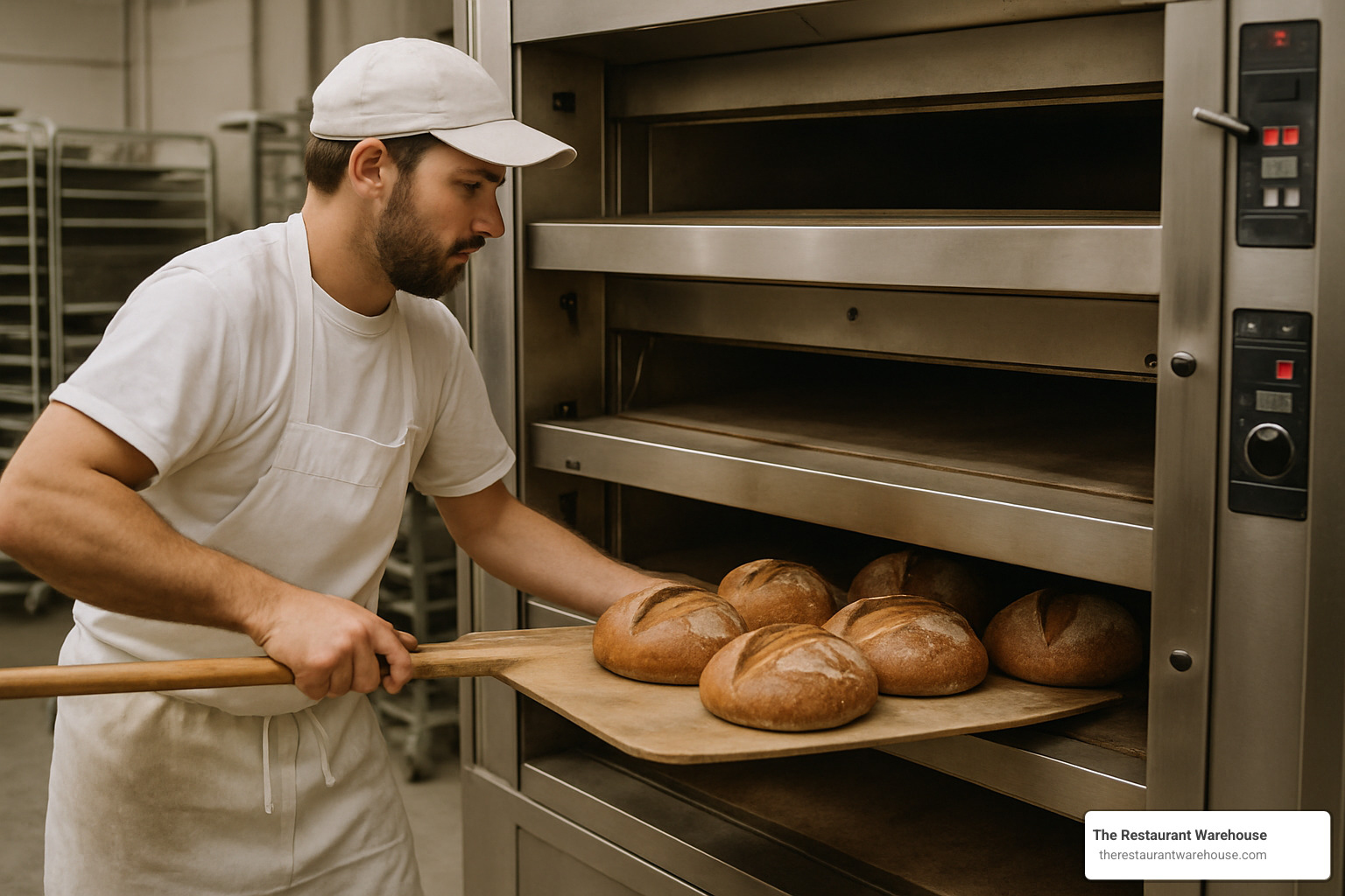 Baker loading artisan bread into a commercial deck oven - commercial deck oven