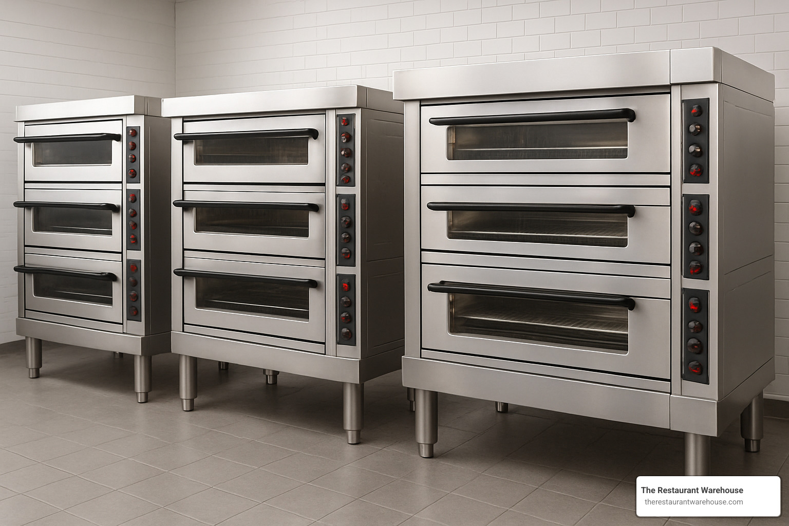 Triple deck commercial oven lineup showing different sizes and configurations - commercial deck oven