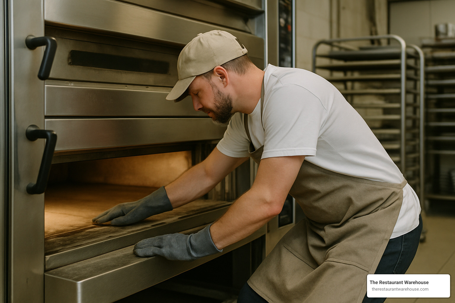 Commercial baker performing maintenance on a deck oven - commercial deck oven
