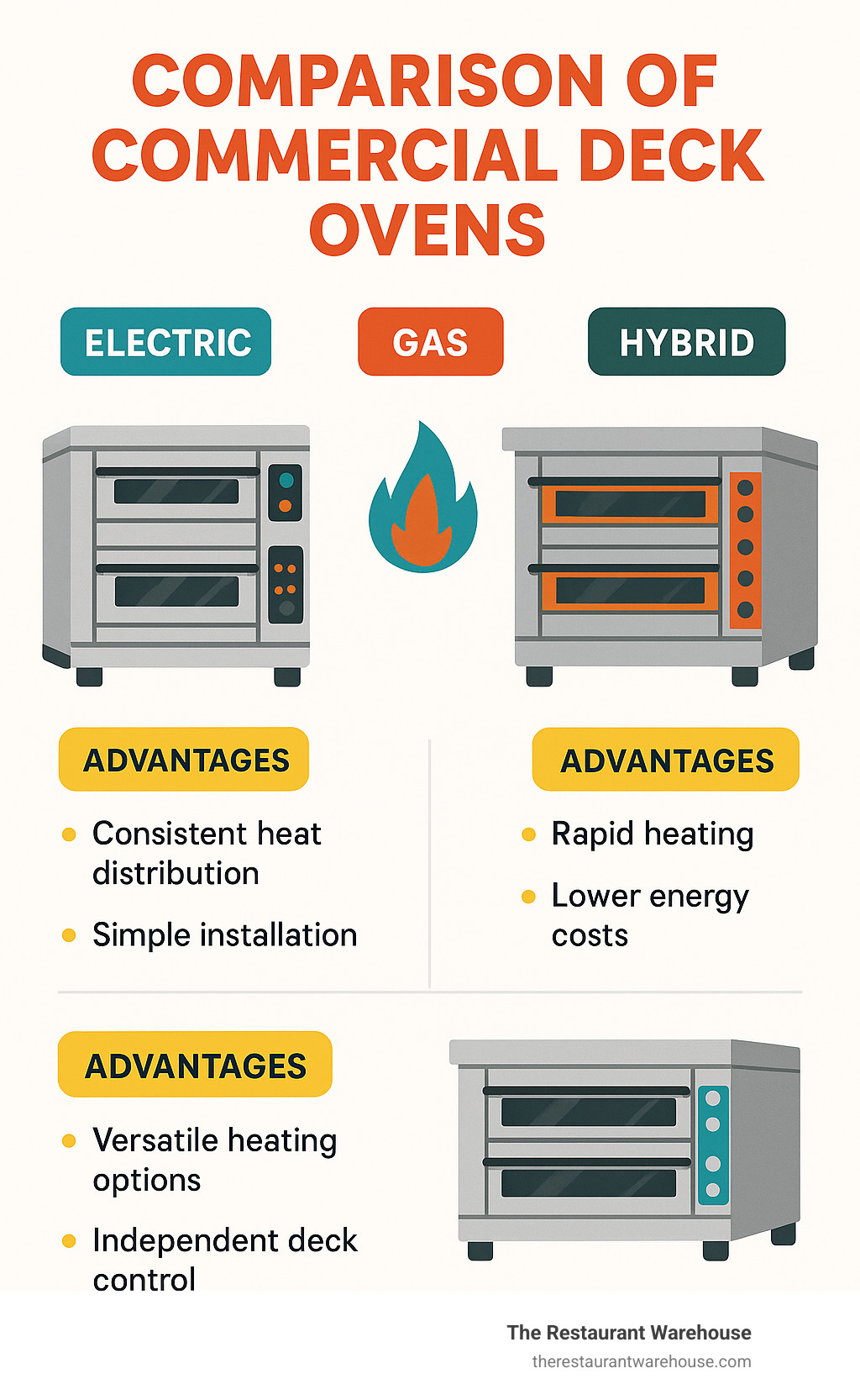 Comparison of different commercial deck oven types showing electric, gas, and hybrid models - commercial deck oven infographic 