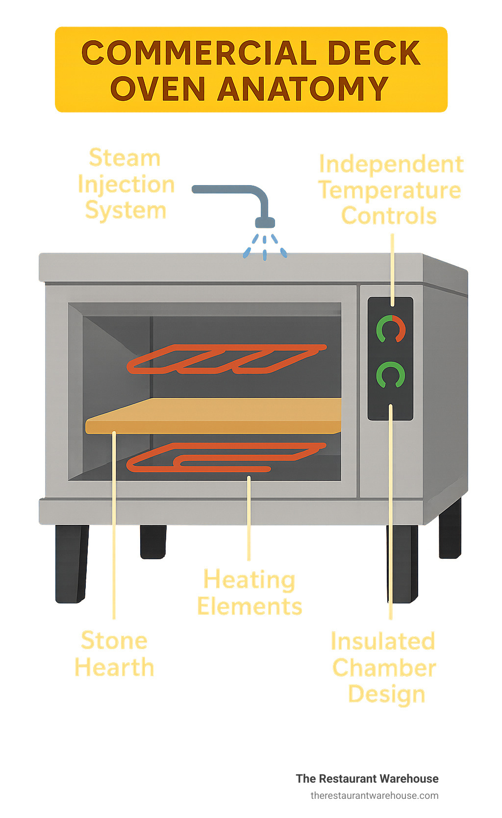 Commercial deck oven anatomy showing stone hearth, heating elements, steam injection system, independent temperature controls, and insulated chamber design - commercial deck oven infographic 
