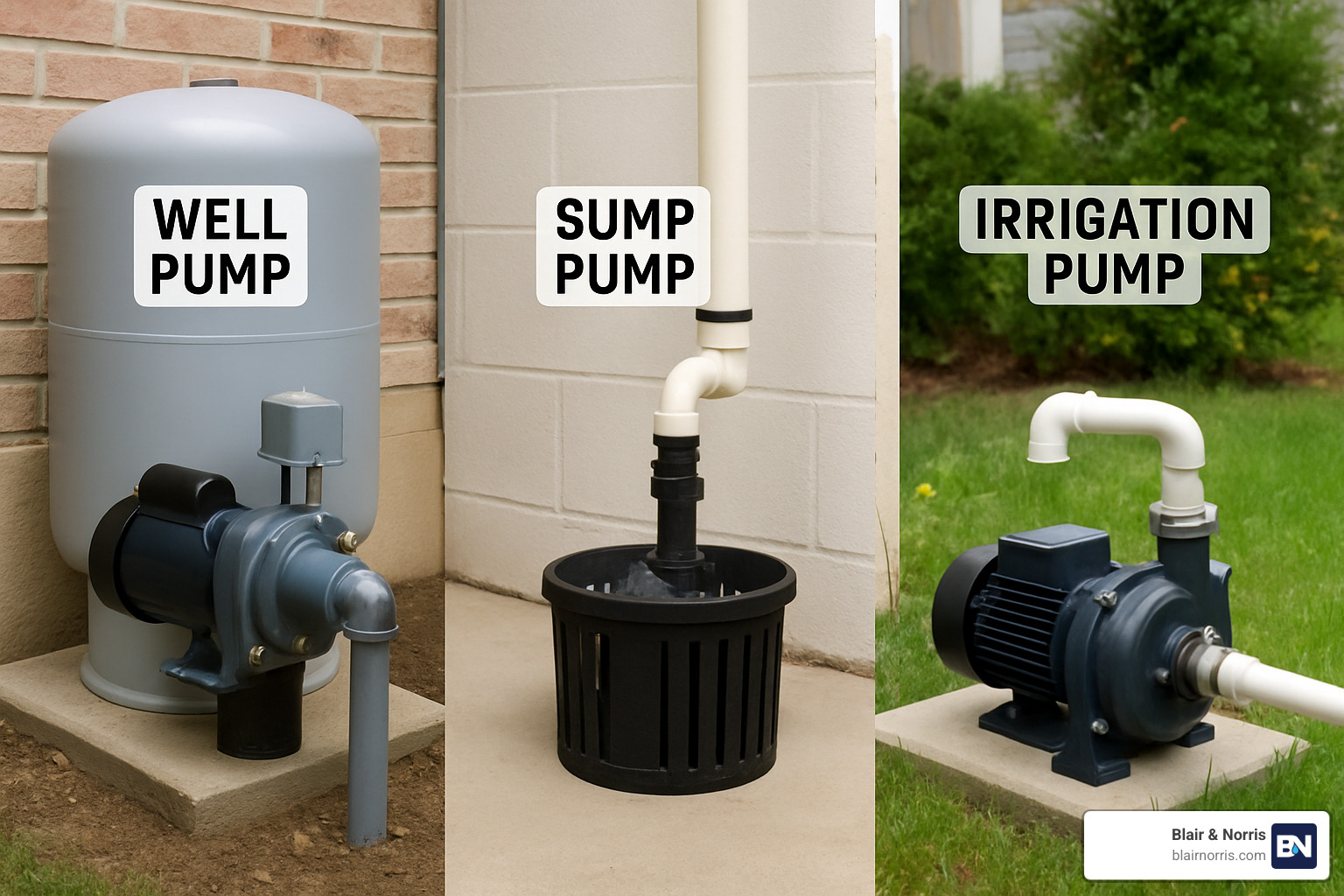 Different types of water pumps including well pumps, sump pumps, and irrigation pumps - water pump service near me