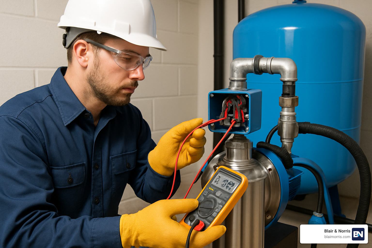 Technician using multimeter to test well pump electrical components - water pump service near me
