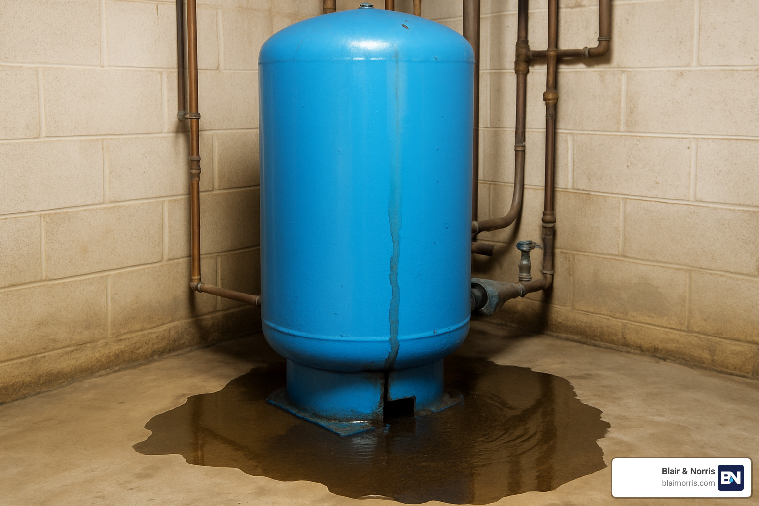 Leaking pressure tank with water pooling at the base - water pump service near me