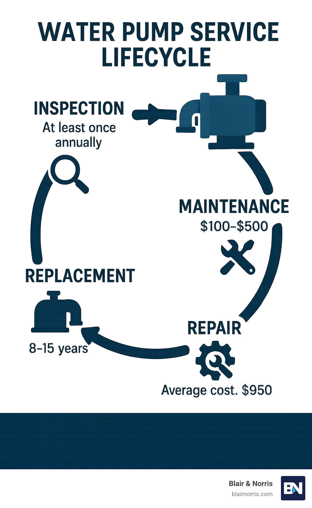 Water pump service lifecycle showing inspection, maintenance, repair and replacement phases with average costs and timelines for each stage - water pump service near me infographic 