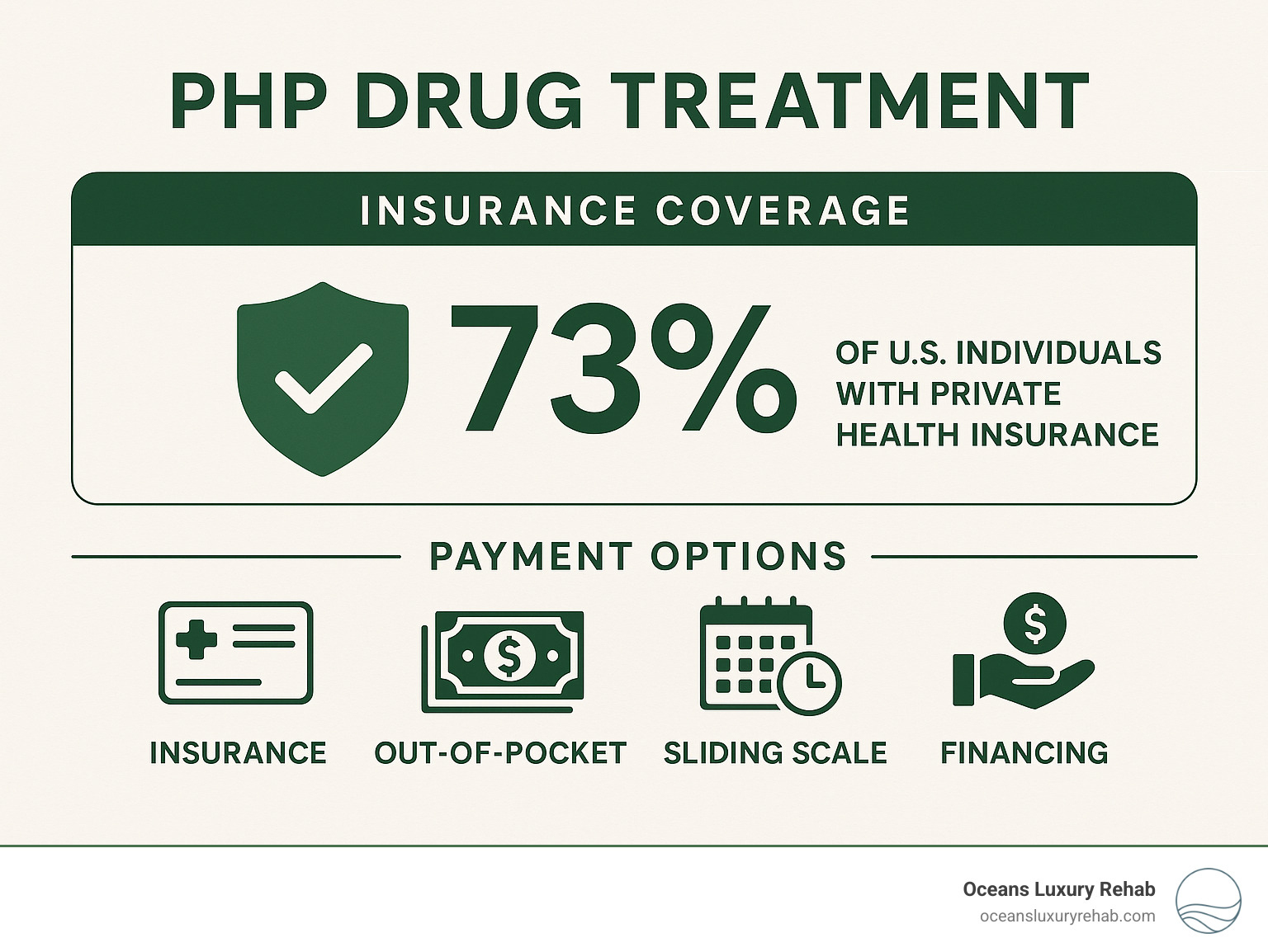 Infographic showing PHP drug treatment insurance coverage statistics and payment options - php drug treatment infographic 