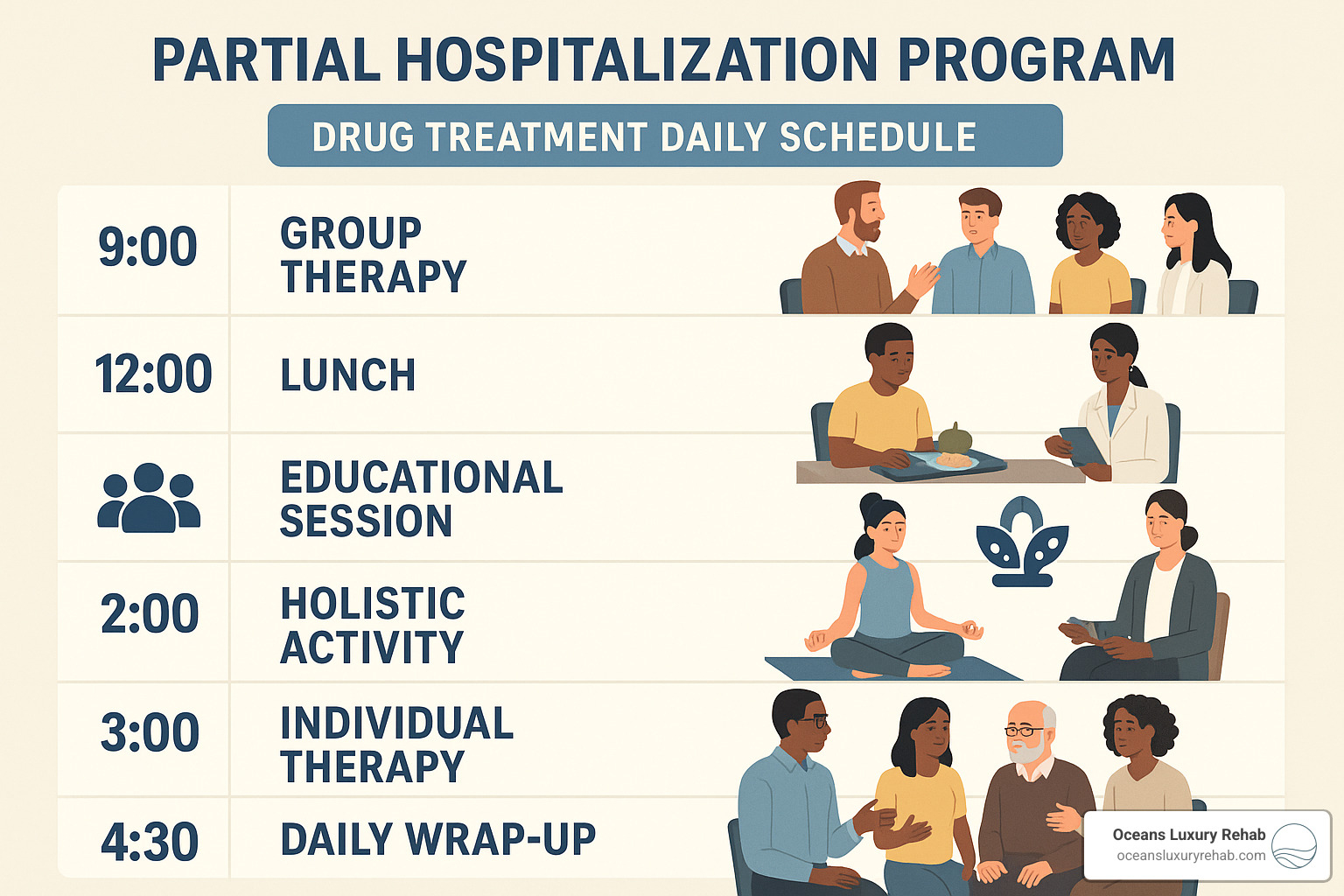 Daily PHP treatment schedule showing therapy sessions, breaks, and activities - php drug treatment