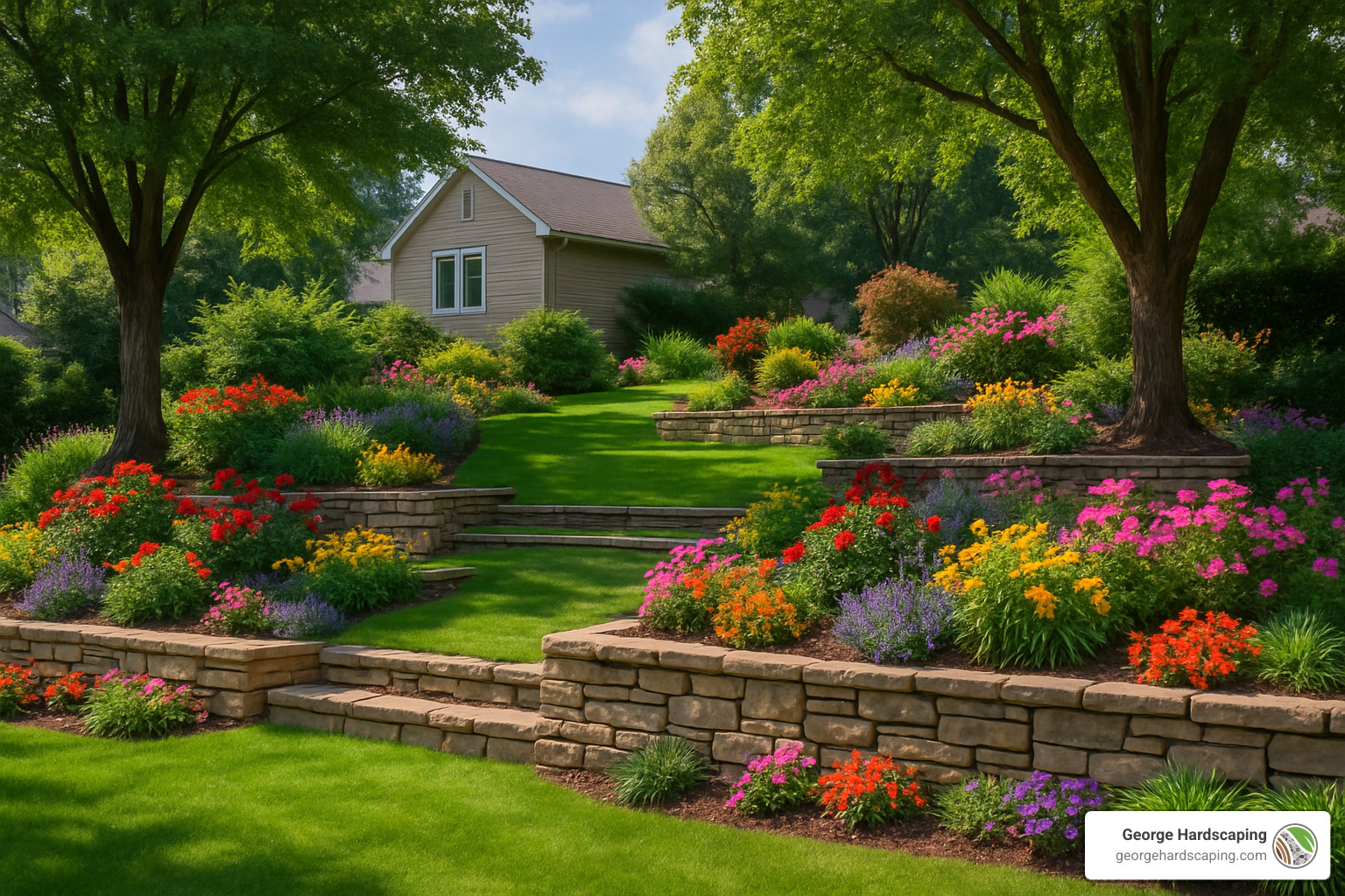 Beautifully landscaped terraced yard with retaining walls - Retaining Walls Installation