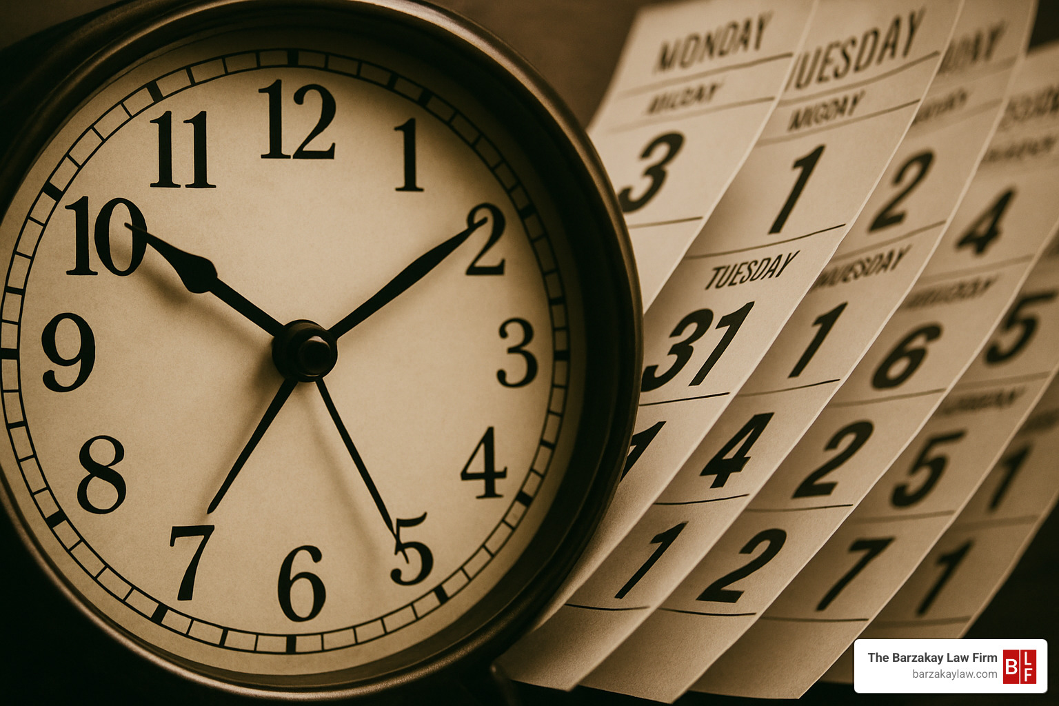 ticking clock with calendar pages flipping - brain injury lawyer near me
