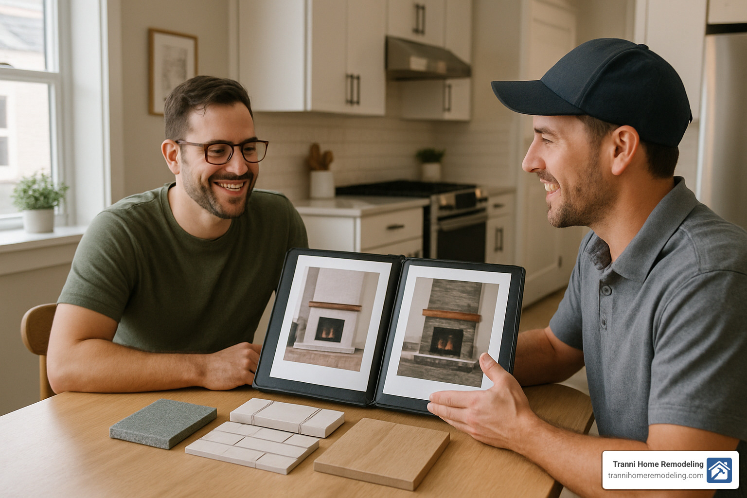 homeowner interviewing a fireplace remodel contractor with portfolio and samples - fireplace remodel contractors