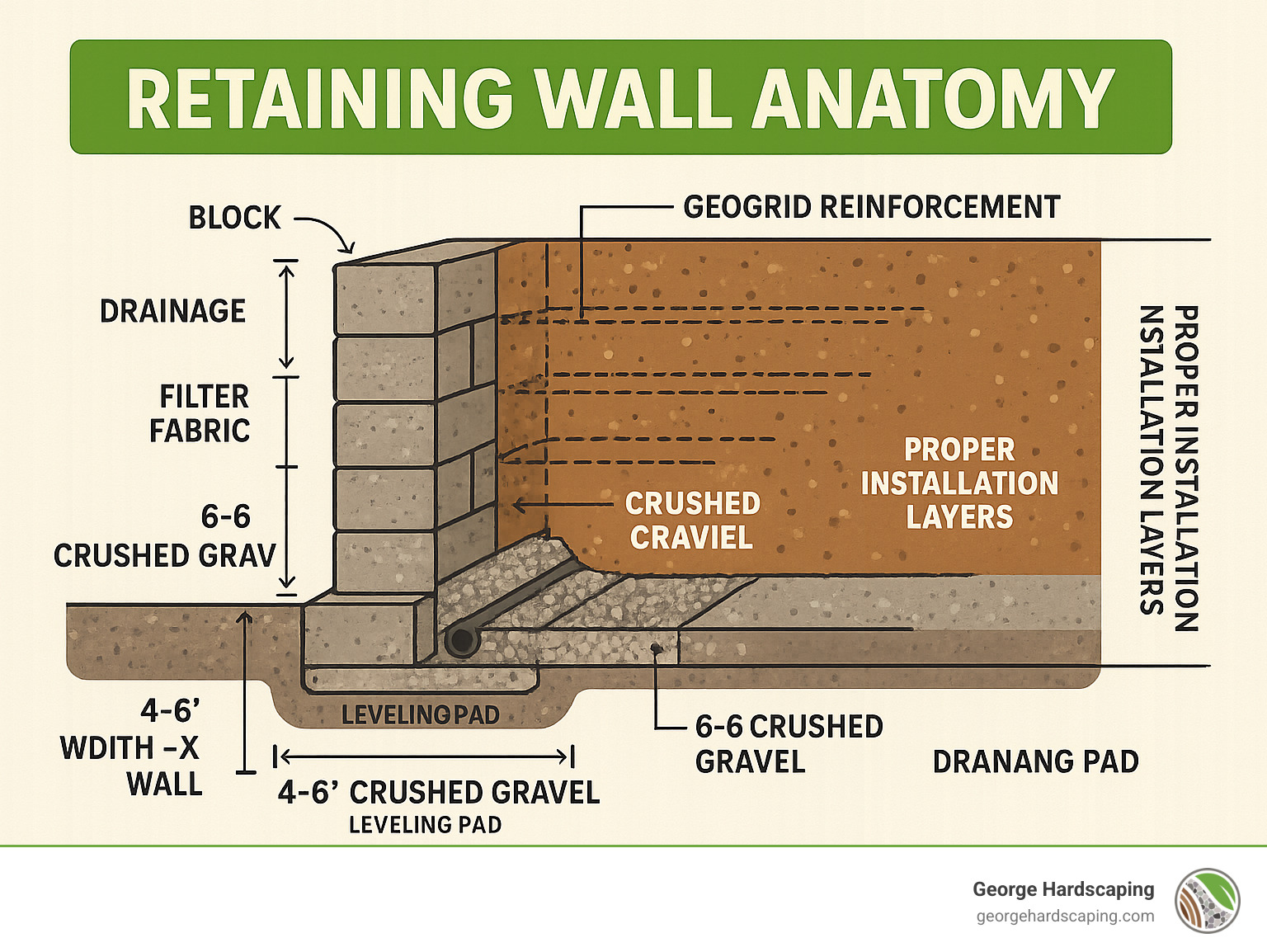 Retaining wall anatomy showing foundation, drainage, backfill, geogrid reinforcement, and proper installation layers with measurements for each component - Retaining Walls Installation infographic