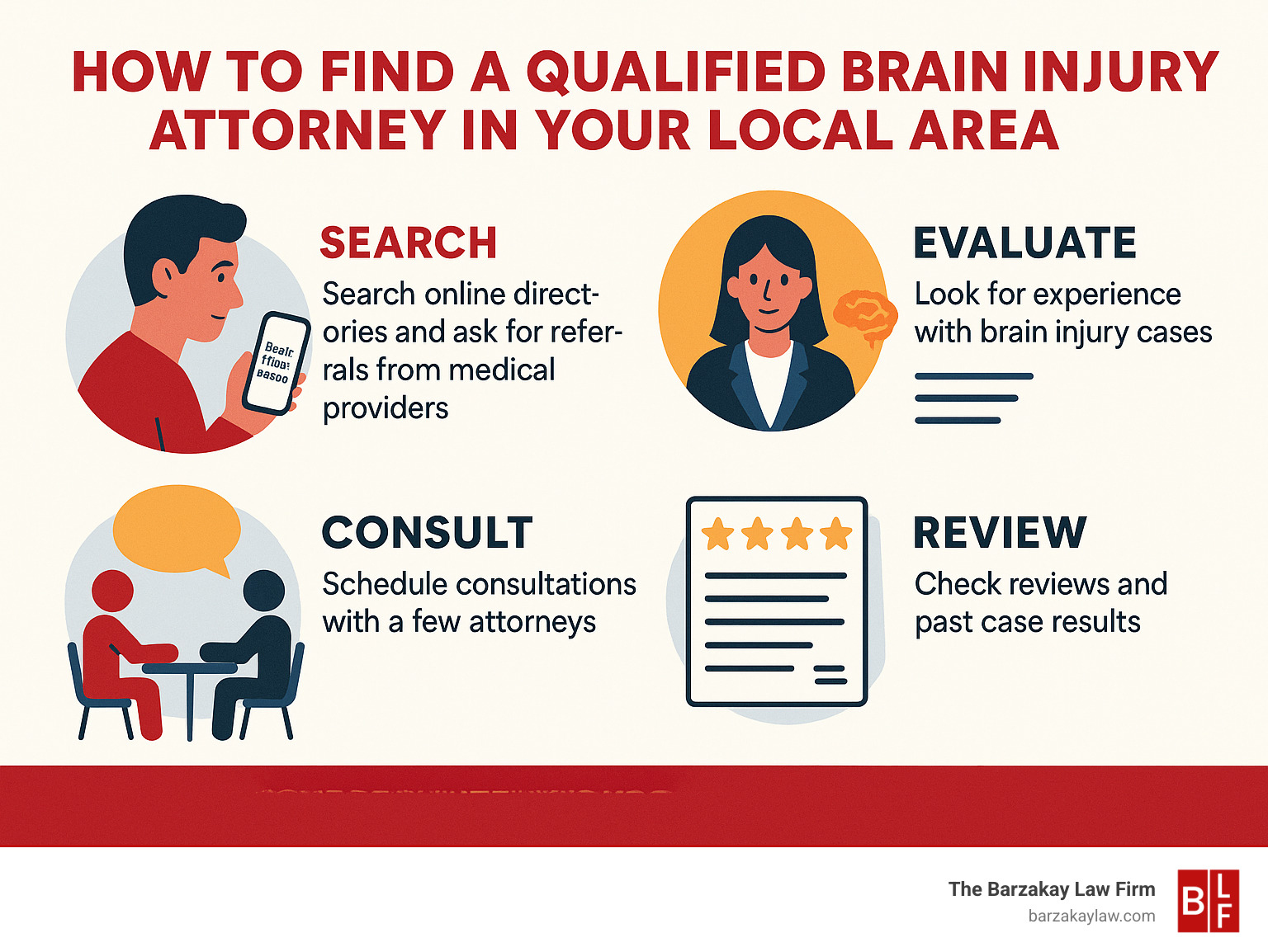 How to find a qualified brain injury attorney in your local area showing the search process, evaluation criteria, and consultation steps - brain injury lawyer near me infographic 
