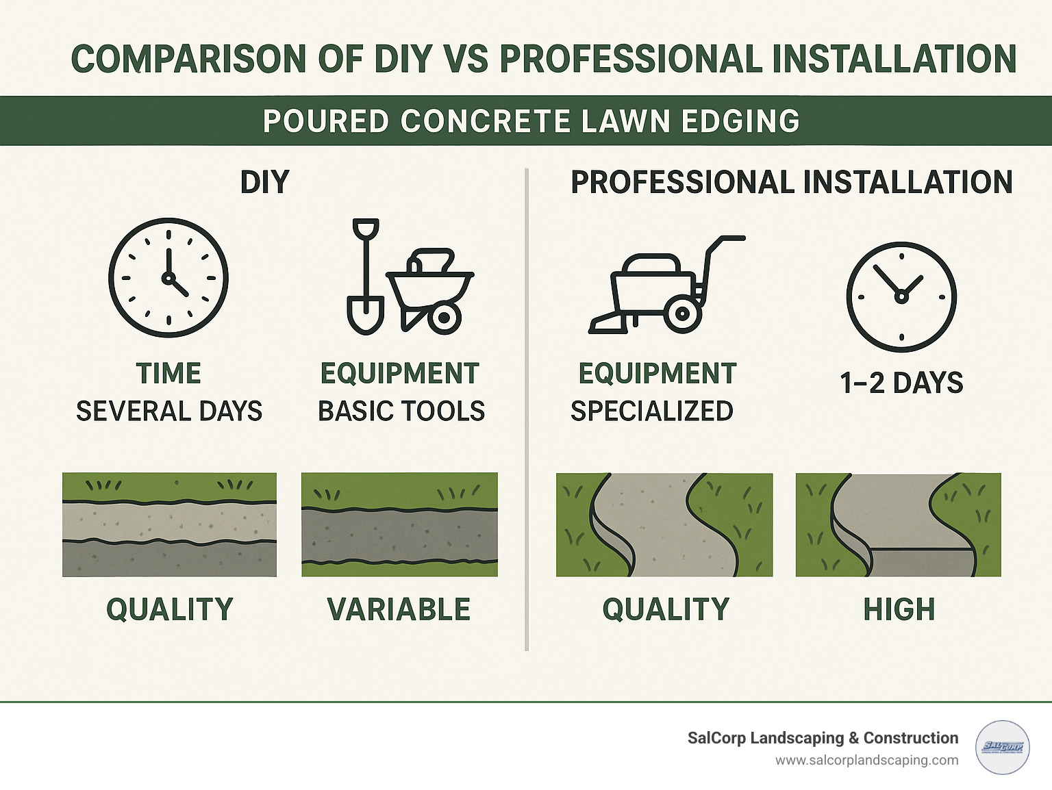 Comparison of DIY vs professional installation showing time requirements, equipment needs, and quality outcomes for concrete lawn edging - poured concrete lawn edging infographic 