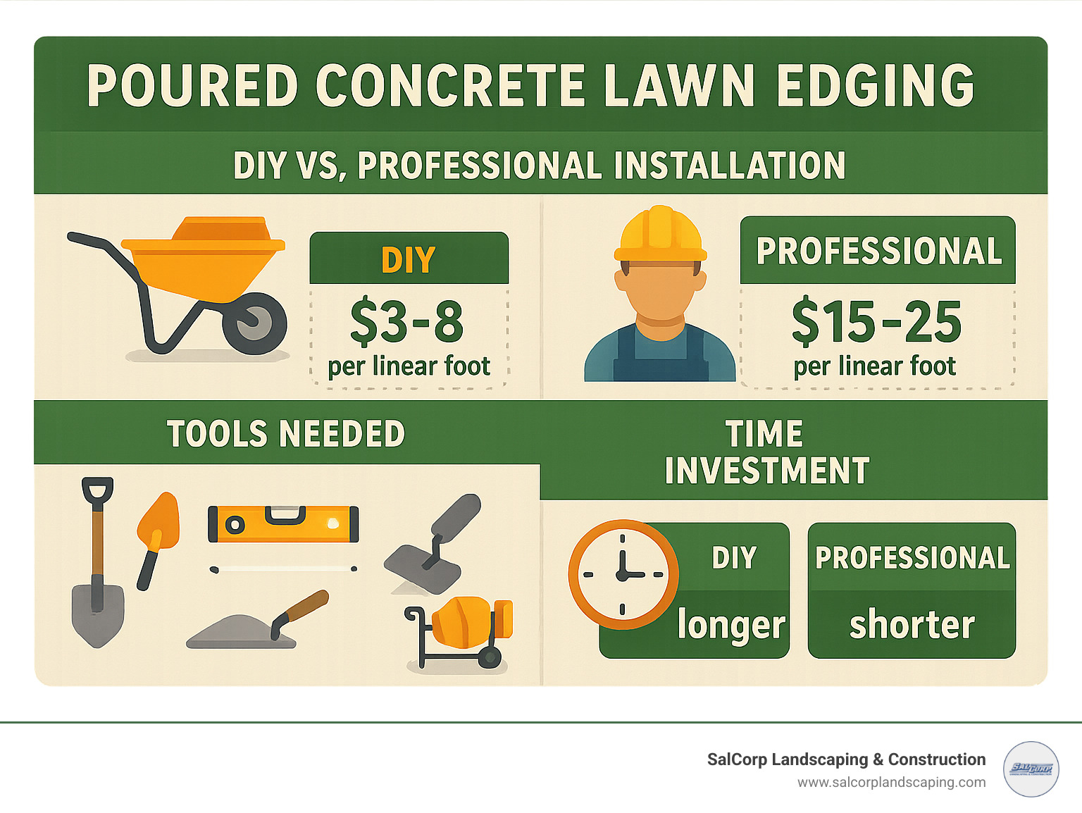 Comparison of DIY vs professional installation costs, tools needed, and time investment for concrete lawn edging - poured concrete lawn edging infographic 