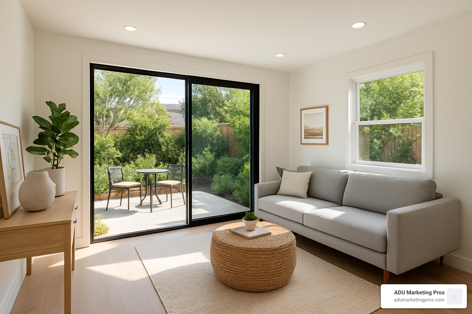 Sliding glass doors opening to a small patio from an ADU living space - Accessory dwelling unit design