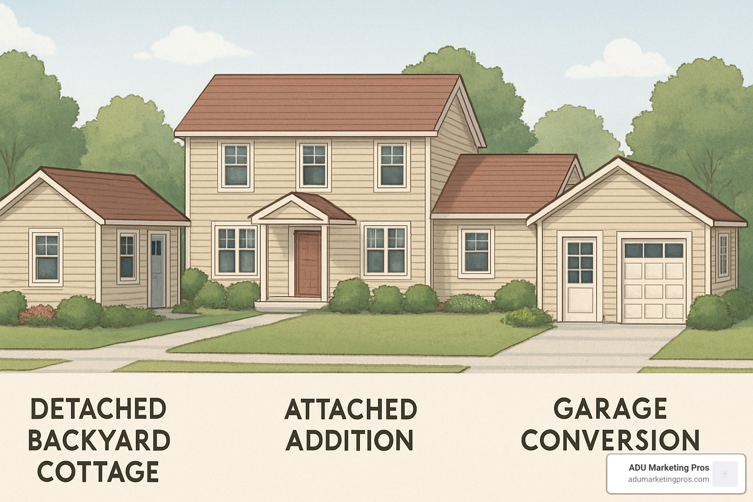 Different ADU types showing detached backyard cottage, attached addition, and garage conversion layouts - Accessory dwelling unit design