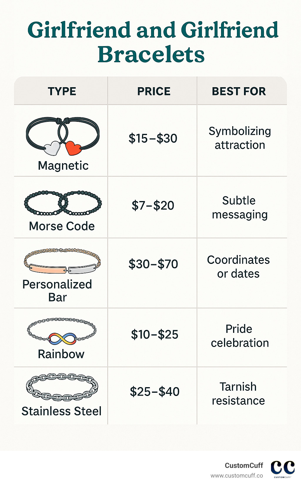 Comparison of girlfriend and girlfriend bracelet styles showing magnetic, morse code, personalized bar, rainbow, and stainless steel options with price ranges and best uses for each type - girlfriend and girlfriend bracelets infographic 