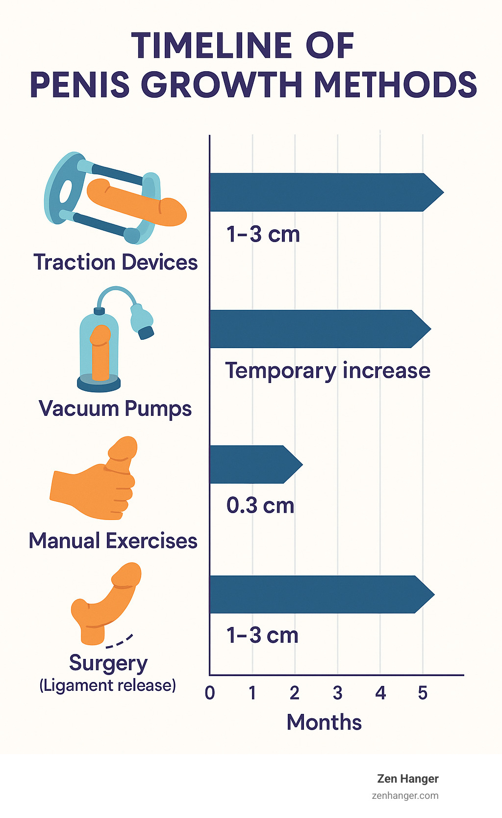 Timeline of penis growth methods showing expected results by month for different techniques - penis growth results infographic 