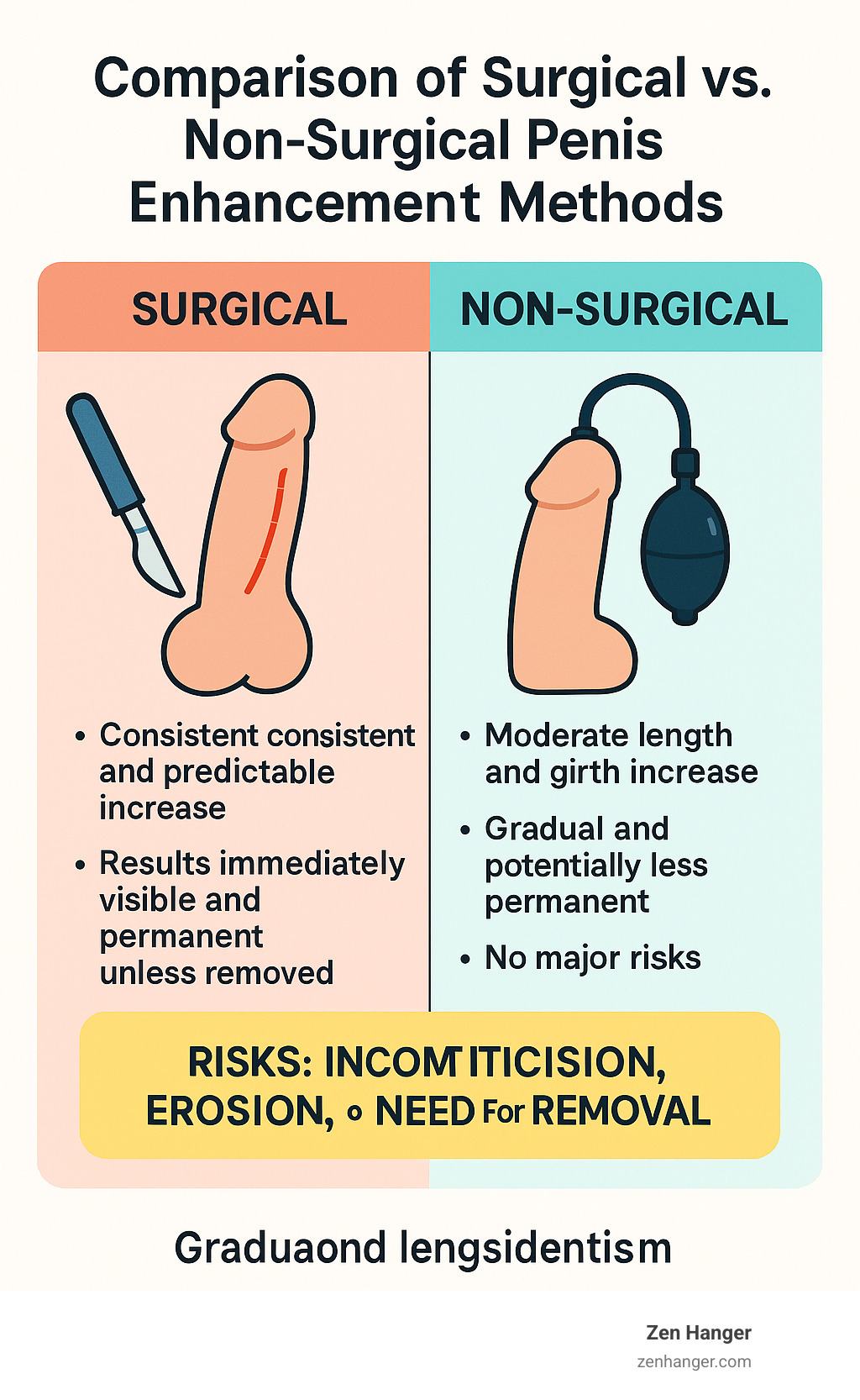 Comparison of surgical vs non-surgical penis improvement methods - penis growth results infographic 