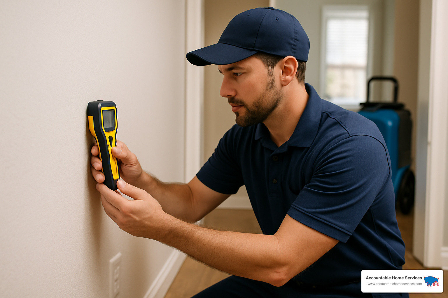 technician using moisture meter on wall - Water damage service near me