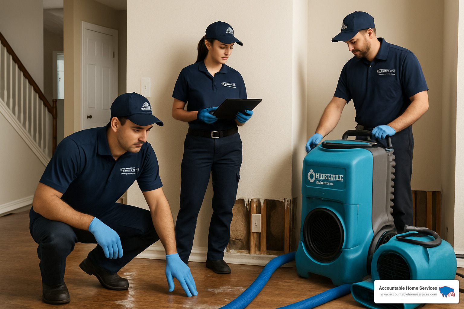 Water damage restoration team from Accountable Home Services at work in Denver home - Water damage service near me