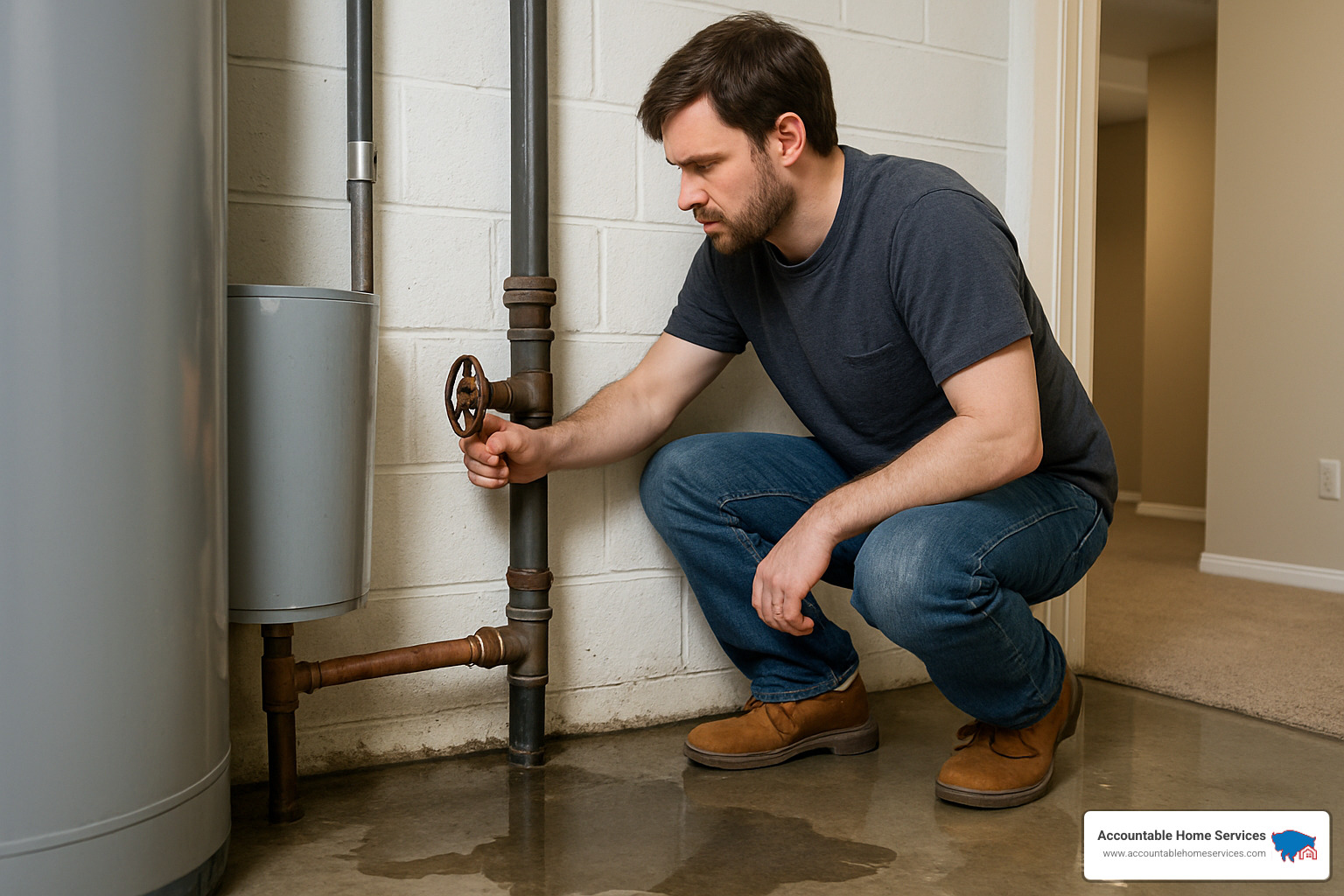 homeowner shutting off water main valve - Water damage service near me