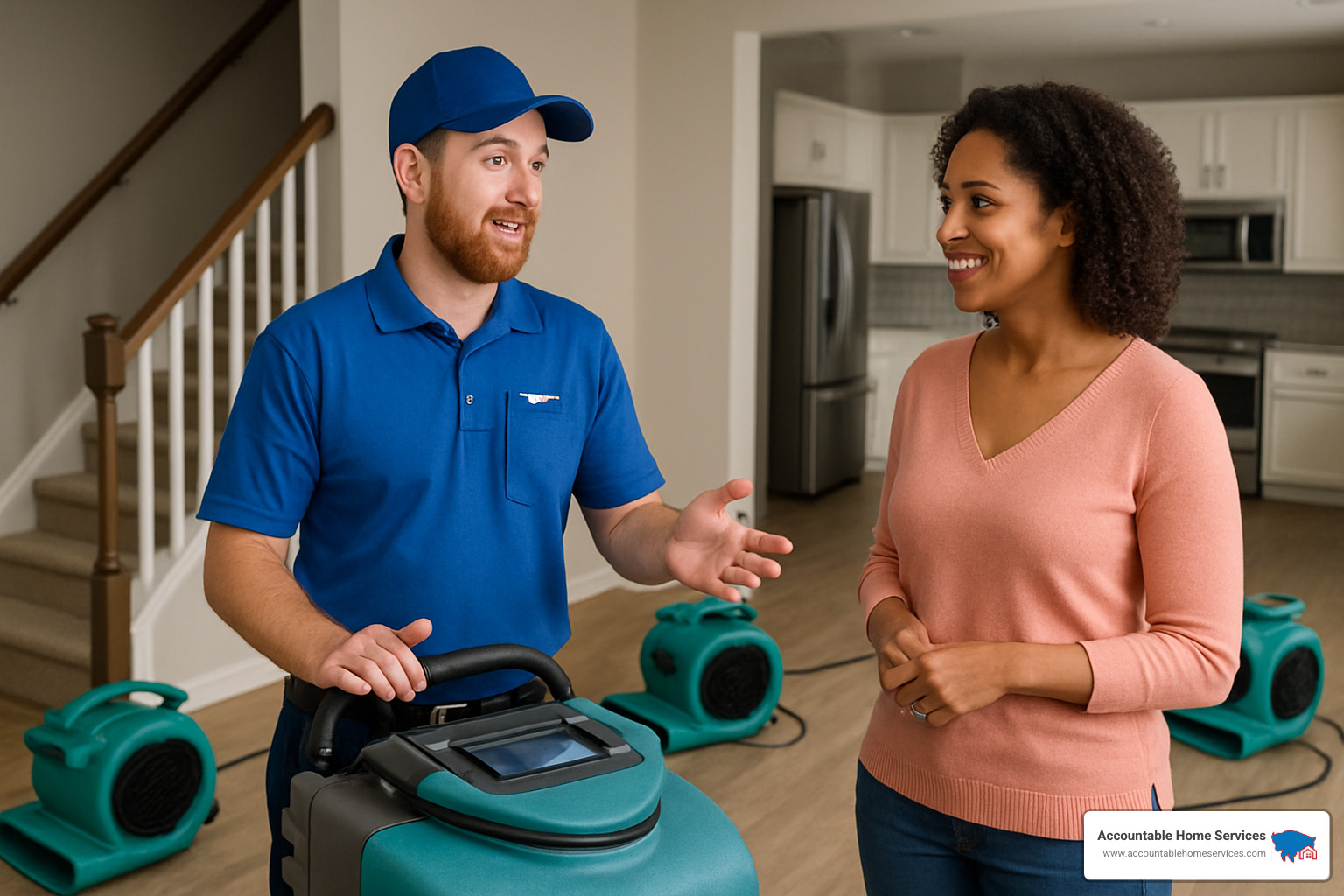 water damage restoration professional explaining drying equipment to homeowner - Water damage service near me