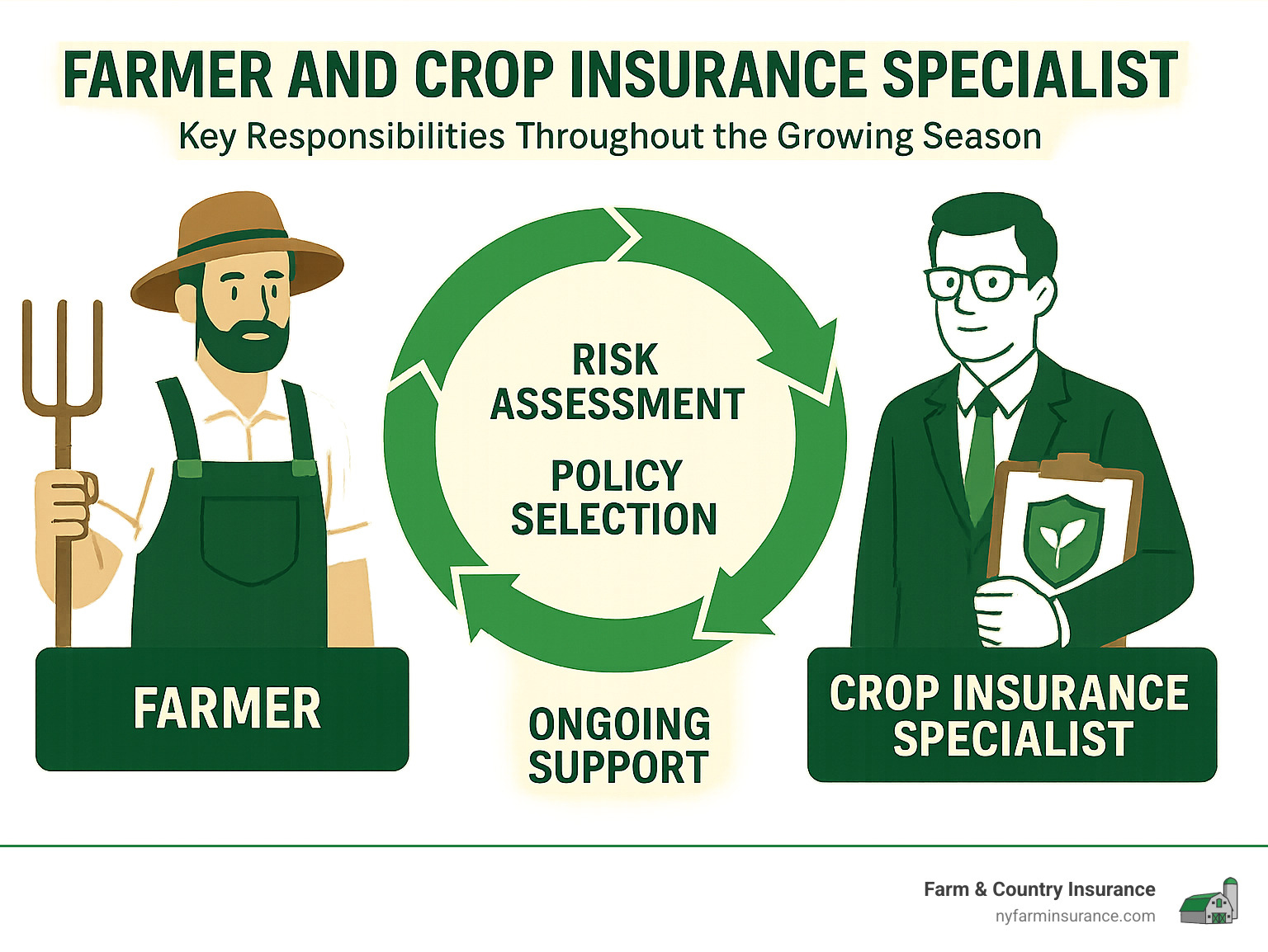 397e902035c39306db083fbc75feb29a7f5047b0 Insure Your Crops with Confidence—Top Crop Insurance Specialists Revealed Discover top crop insurance specialists, regional experts, and tips to protect your farm profits with tailored risk management solutions. Detailed infographic showing the relationship between farmers and crop insurance specialists, including key responsibilities such as risk assessment, policy selection, claims processing, and ongoing support throughout the growing season - crop insurance specialists infographic