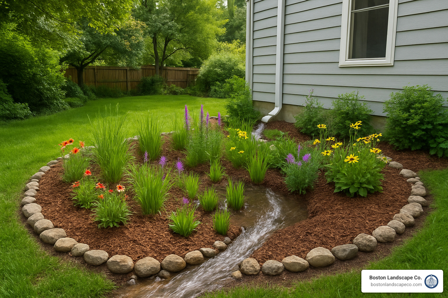 Rain garden installation capturing and filtering stormwater - residential landscape architects
