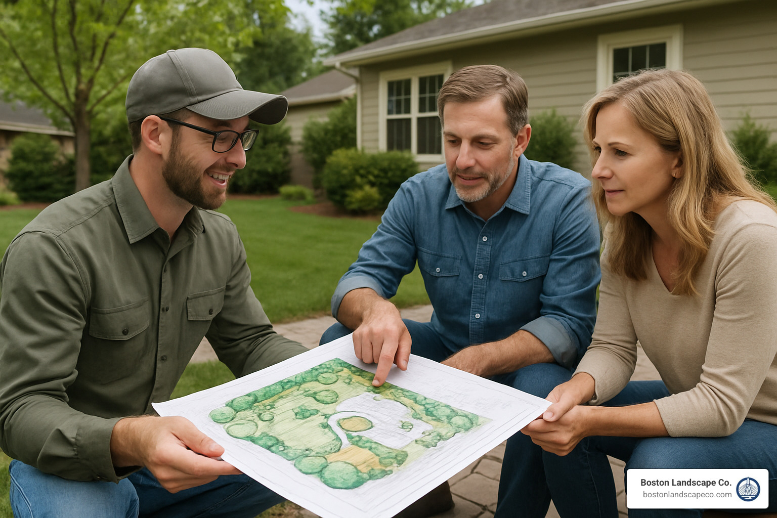 Landscape architect reviewing site plans with homeowners - residential landscape architects