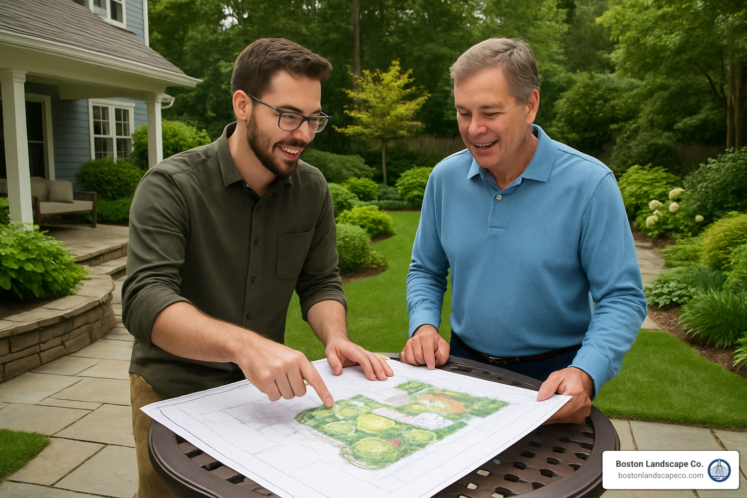 Landscape architect and client reviewing landscape plans in a backyard - residential landscape architects