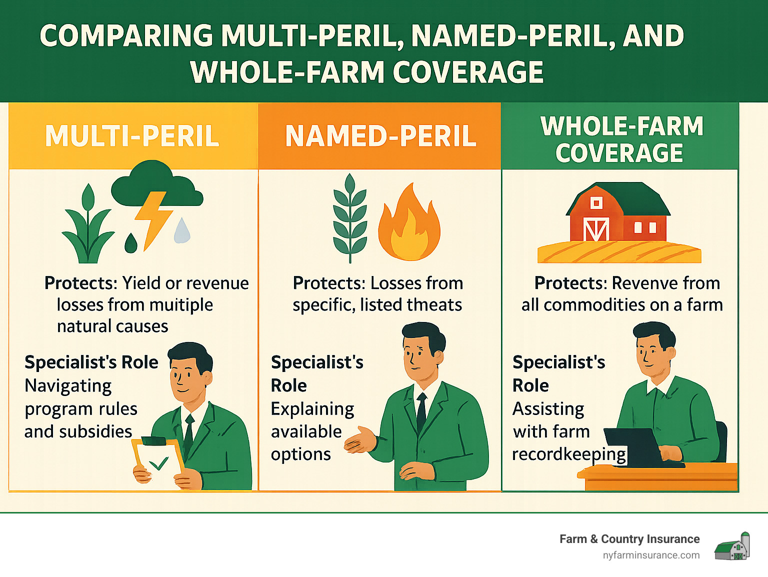 061380c5bfe191065f2563fdfa2eafbdc266bf8a Insure Your Crops with Confidence—Top Crop Insurance Specialists Revealed Discover top crop insurance specialists, regional experts, and tips to protect your farm profits with tailored risk management solutions. Detailed infographic comparing Multi-Peril, Named-Peril, and Whole-Farm Coverage types with the specialist's role in each - crop insurance specialists infographic