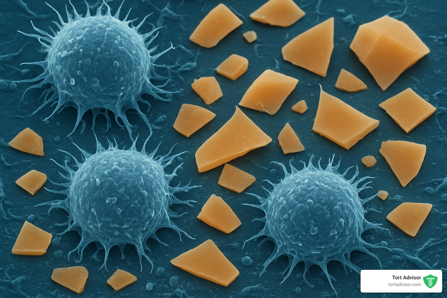 Microscopic view of immune cells interacting with silicone particles - breast implant lawsuit silicone toxicity